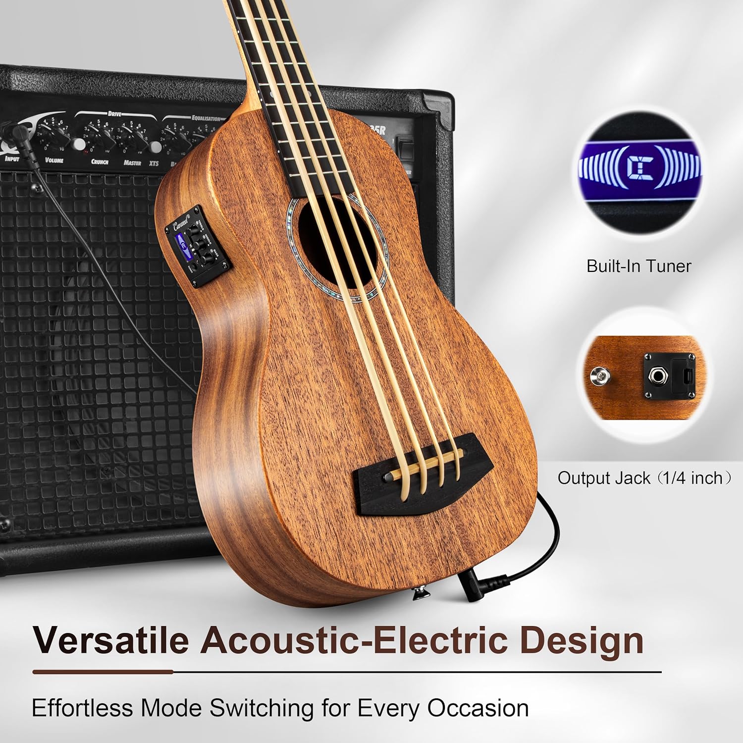 Caramel CUB402 Electric 30inch All Solid Wood Mahogany Ukulele Bass - Tuned as E-A-D-G