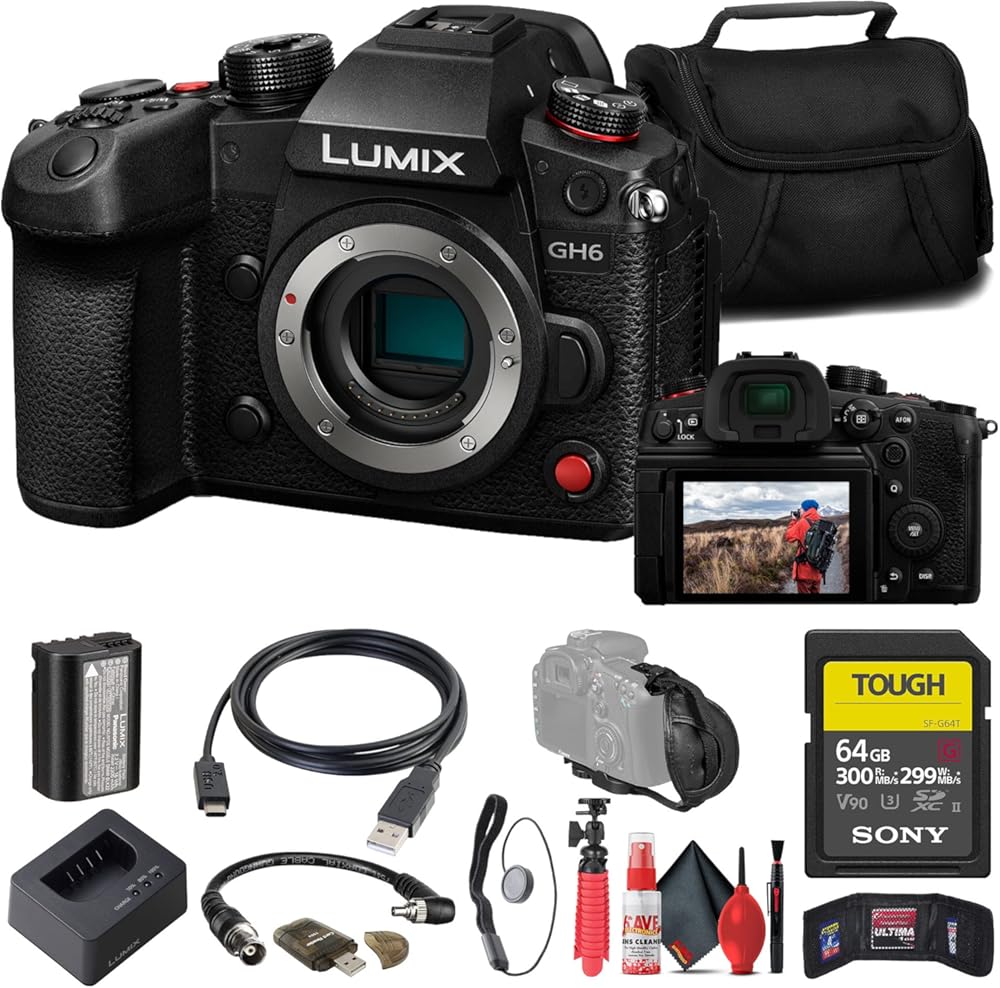 Panasonic Lumix GH6 Mirrorless Camera (DC-GH6BODY) + Sony 64GB Tough SD Card + Card Reader + Case + Flex Tripod + Hand Strap + Memory Wallet + Cap Keeper + Cleaning Kit (Renewed)