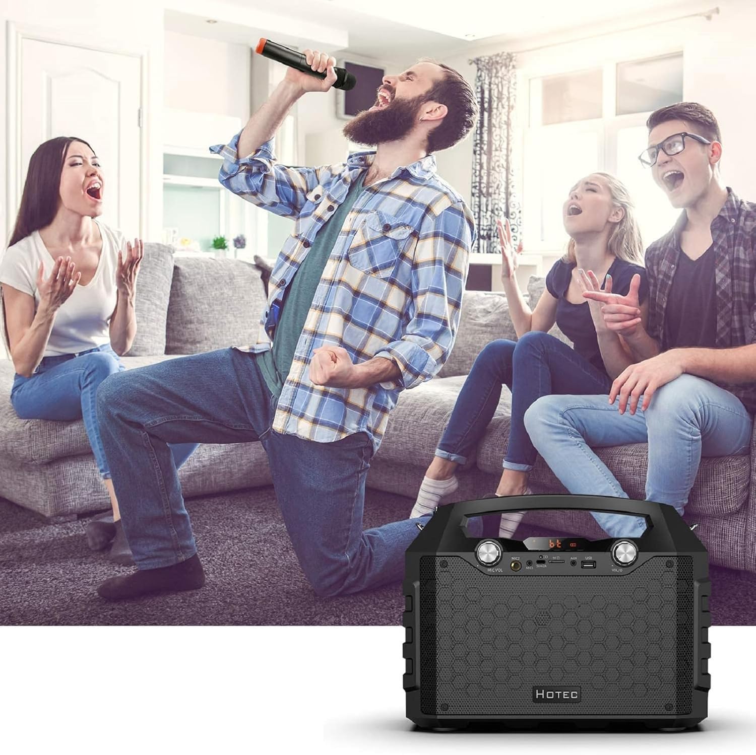 Hotec Wireless Bluetooth Portable PA Speaker System, Powerful Bluetooth Karaoke Machine with Dual Wireless Microphones for Karaoke, Wedding, Party, Teaching, Lecture, Church, Outdoor Indoor Activities