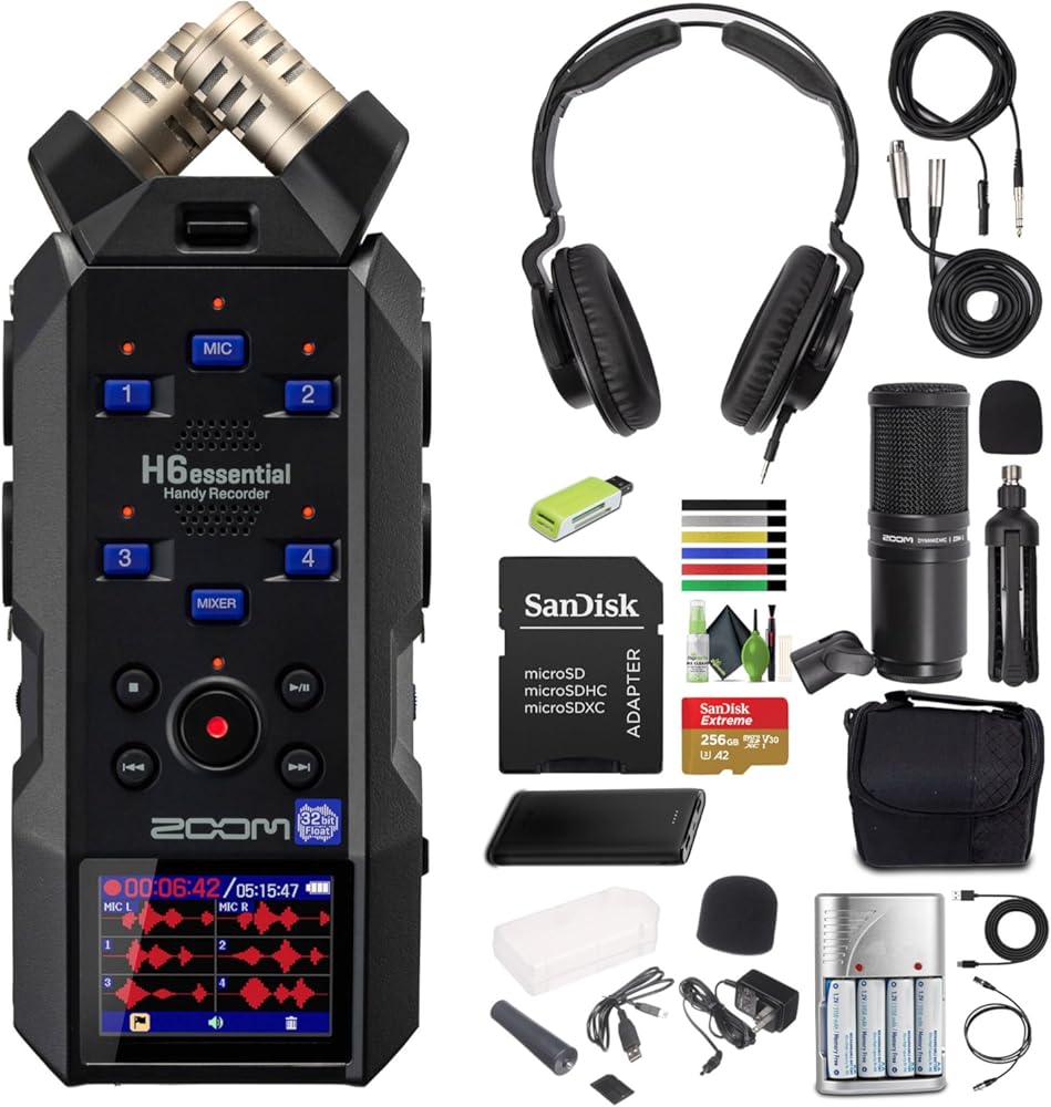 Zoom ZH6E H6essential Handy Recorder with 6 Tracks & 32-Bit Float Recording + Zoom ZDM-1 Podcast Mic Pack + 4X AA Batteries with Charger + 10ft USB Type A to USB Type C Cable - Black + More
