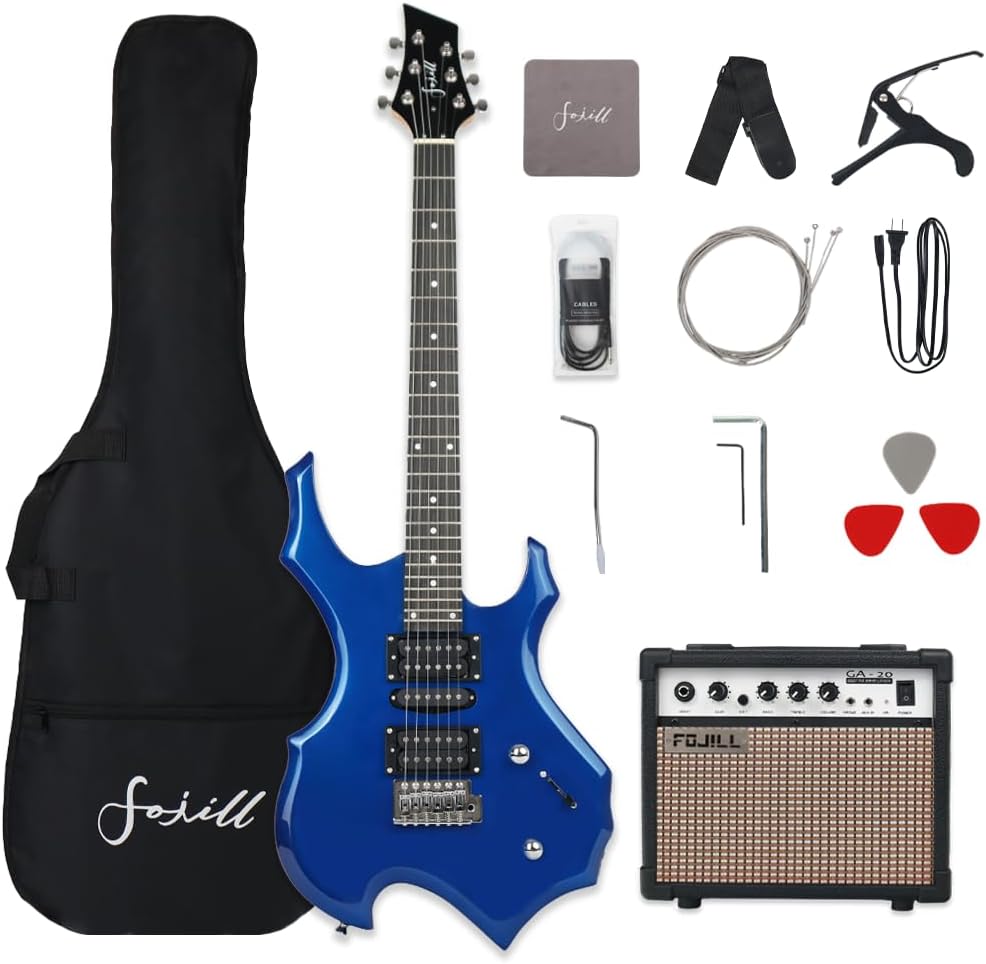 Fojill Heavy Metal Cool Shape Electric Guitar Kit Set Beginner Starter Combo Package Bundle 20W Amplifier Amp Accessory Padded gig Bag,Picks, Cable,Strap,Extra Strings