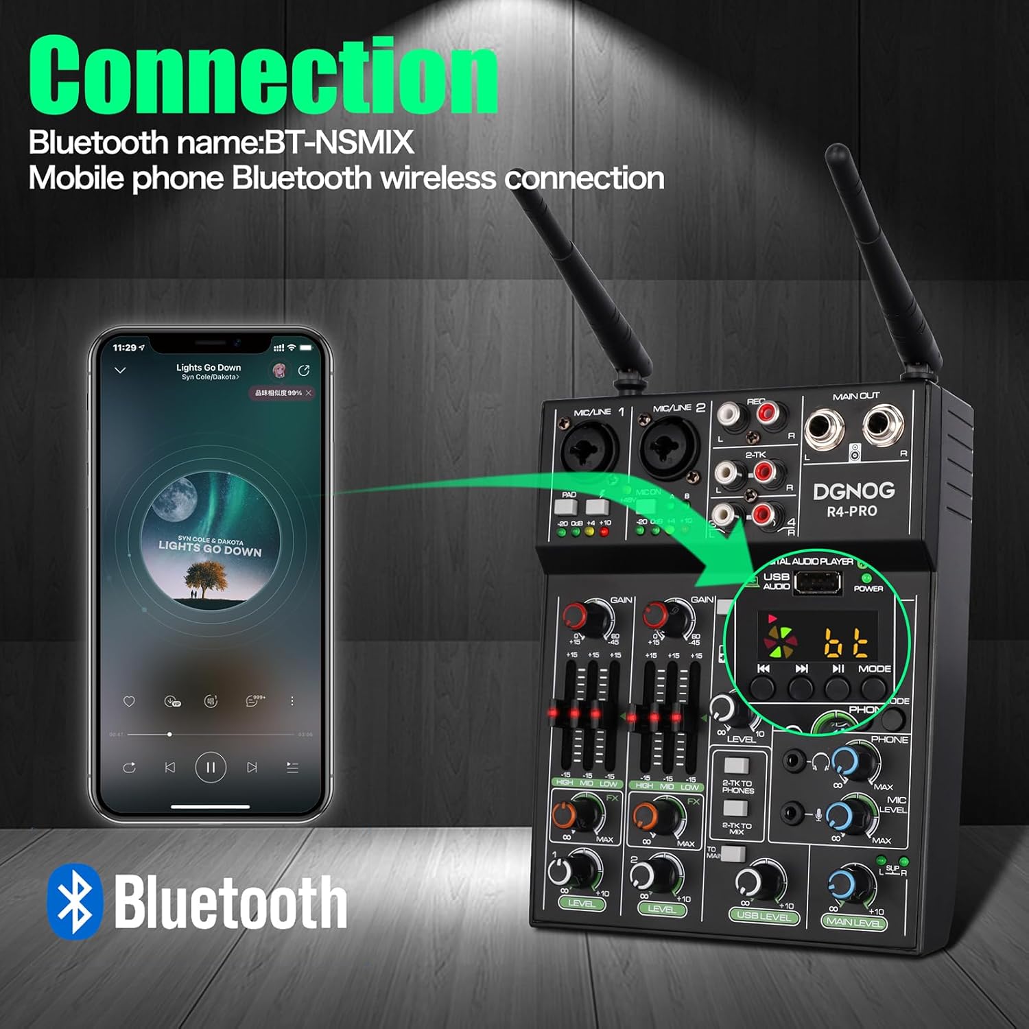 Professional Audio Mixer, 4 Channel Sound Mixer With Dual Wireless Mic, Sound Board Console MP3 Bluetooth 48V Phantom Power USB Interface DJ Mixing for Home Karaoke Party Computer Studio Recording