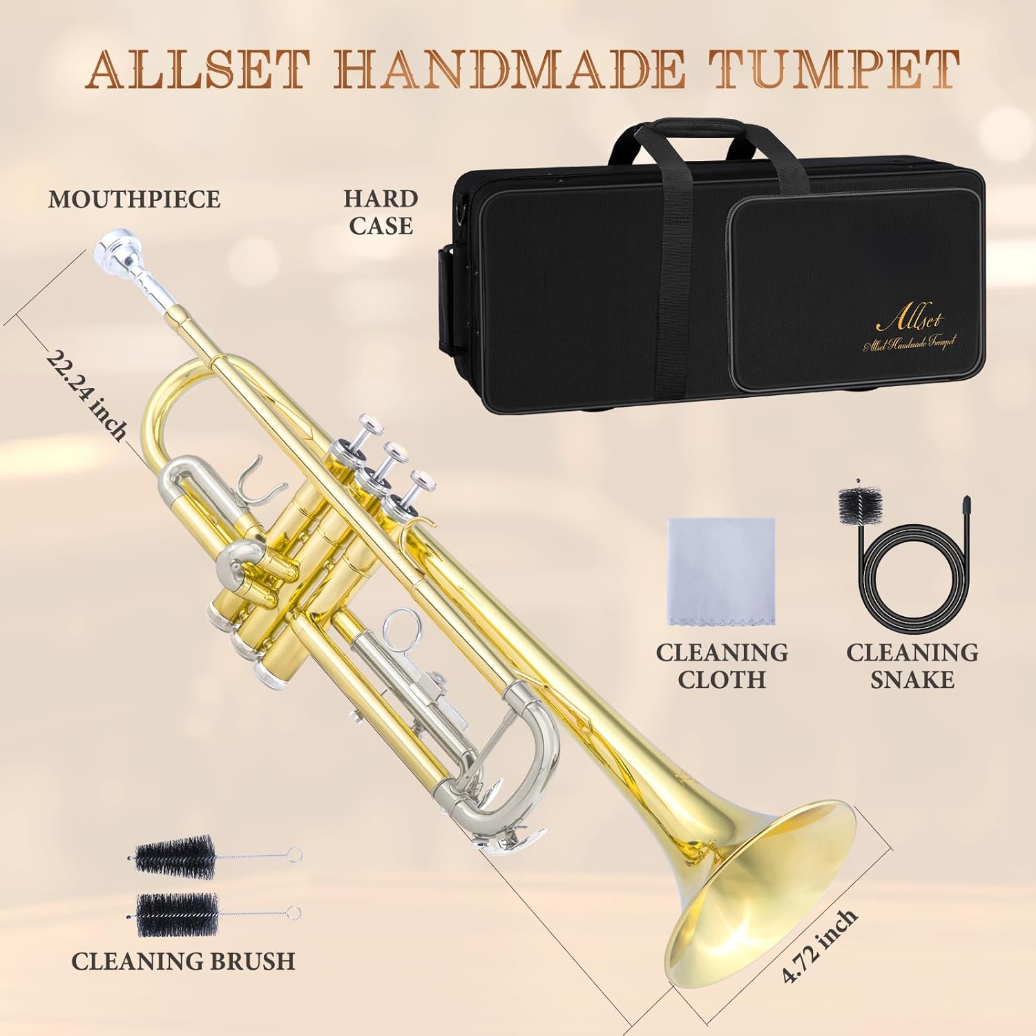 ALLSET Bb Standard Trumpet for Beginners | Student Band, Orchestra, Pro Level Performance | Professional Brass Trumpet Kit with Hard Case, 7C Mouthpiece& Cleaning Kit | Gold Tube & s Silver key