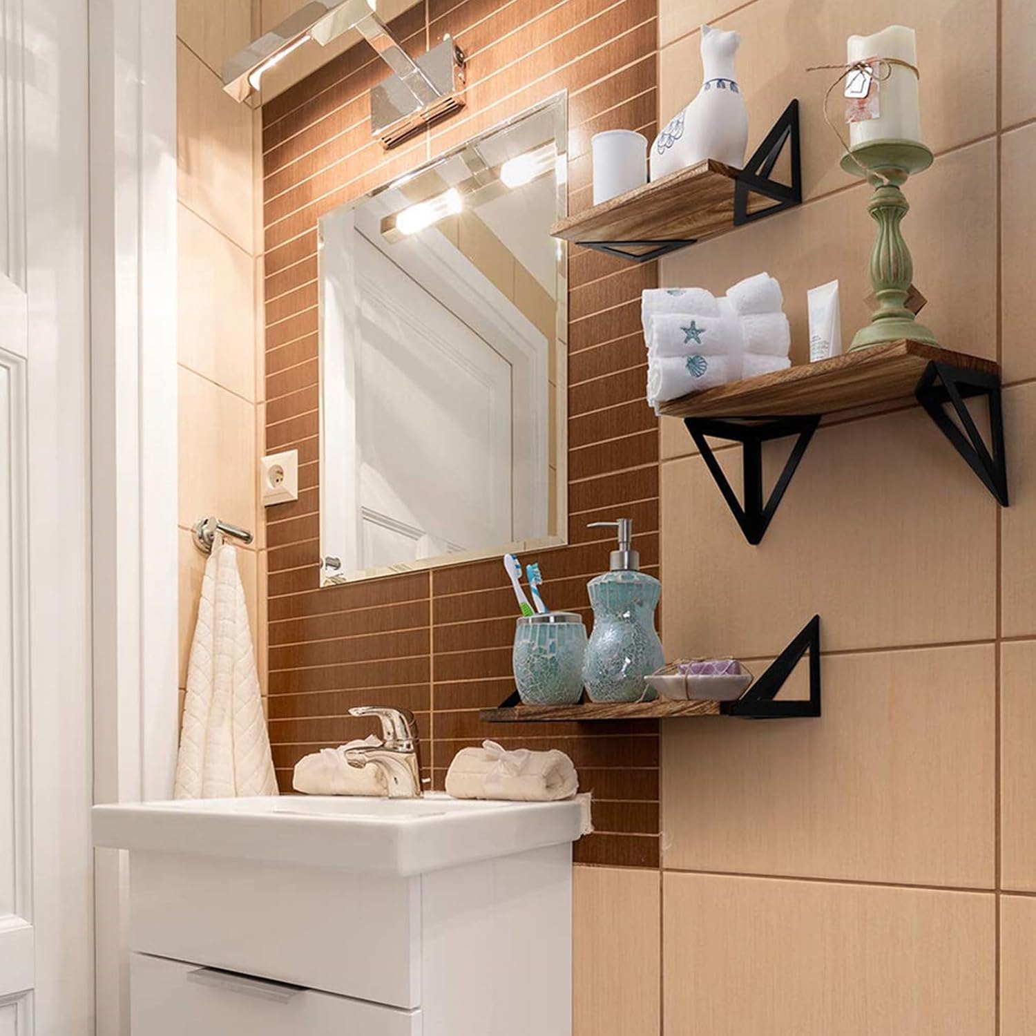 Floating Shelves for Wall, 3 Sets Wood Floating Shelves, Corner Wall Shelf Set, Wood Wall Storage Display Shelves Wall Mount Storage Rack Hanging Shelf for Bathroom, Default, 52687