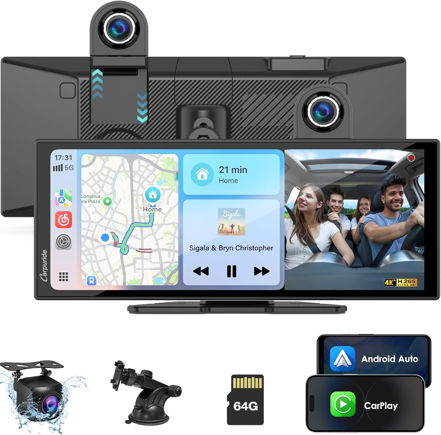 Carpuride Carplay Screen for Car with 4K Dash Cam & 1080P Backup Camera 11.26