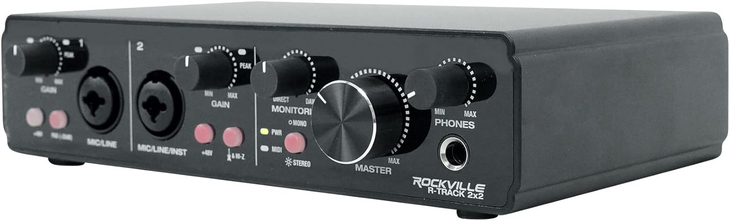 Rockville R-TRACK 2x2 USB 2.0 Audio Interface, 24-Bit/192kHz, 2 Mic-Pres with Combo Jacks, MIDI I/O, Phantom Power, for Studio Recording and Podcasting