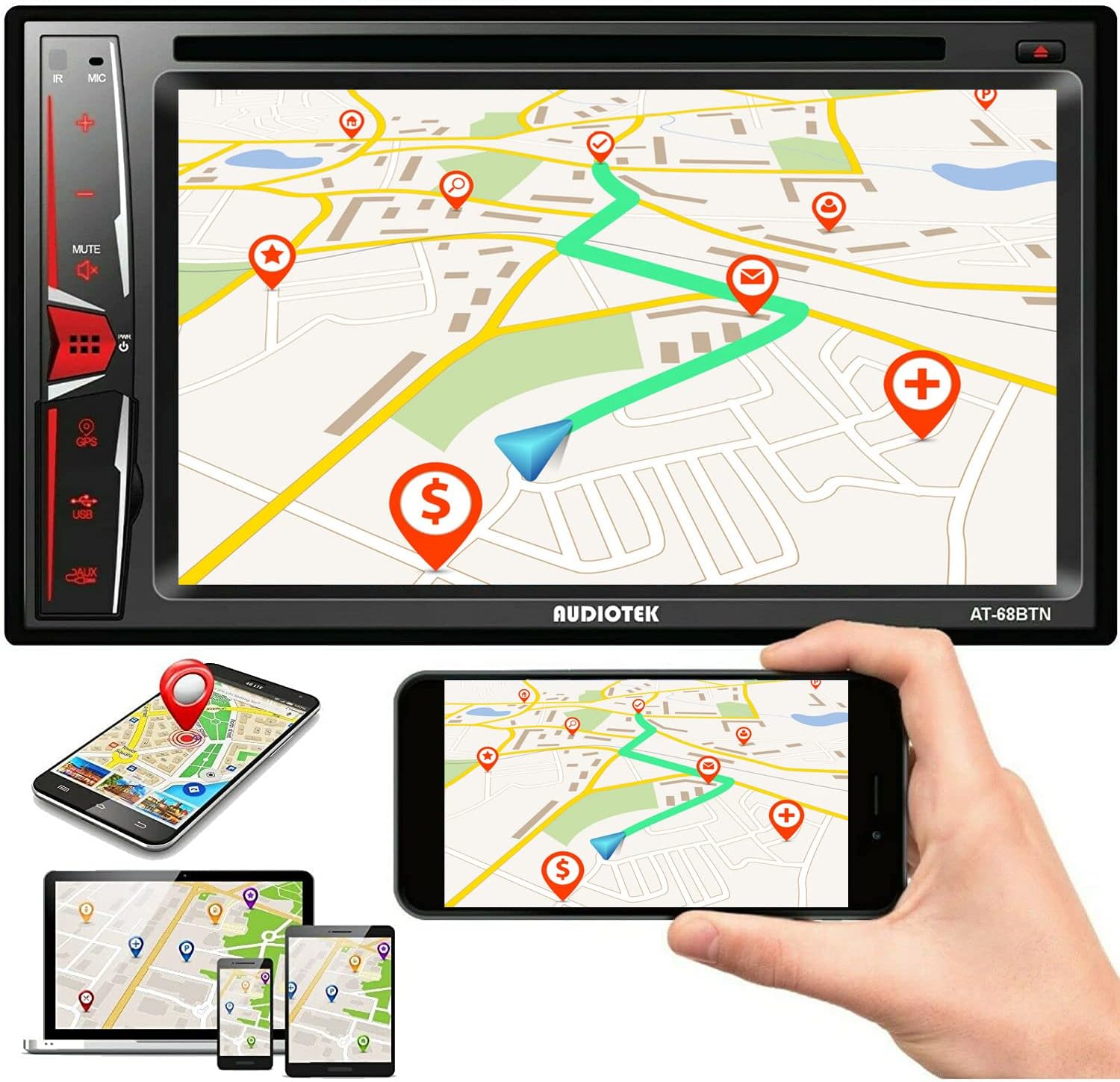 Audiotek 68BTN 200 Watts Double Din 2DIN Car Stereo Receiver HD Touchscreen with DVD/CD/MP3/FM/USB/SD, Compatible with Bluetooth and Mirror Link for Android & iPhone