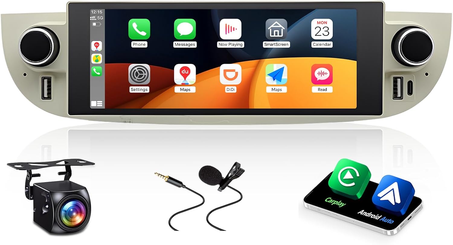 2+32G Android 14 Car Stereo Fit for Fiat 500 2007-2015, 6.86inch Touch Screen with Wireless Carplay Android Auto AHD Backup Camera Mirror Link GPS SWC WiFi FM