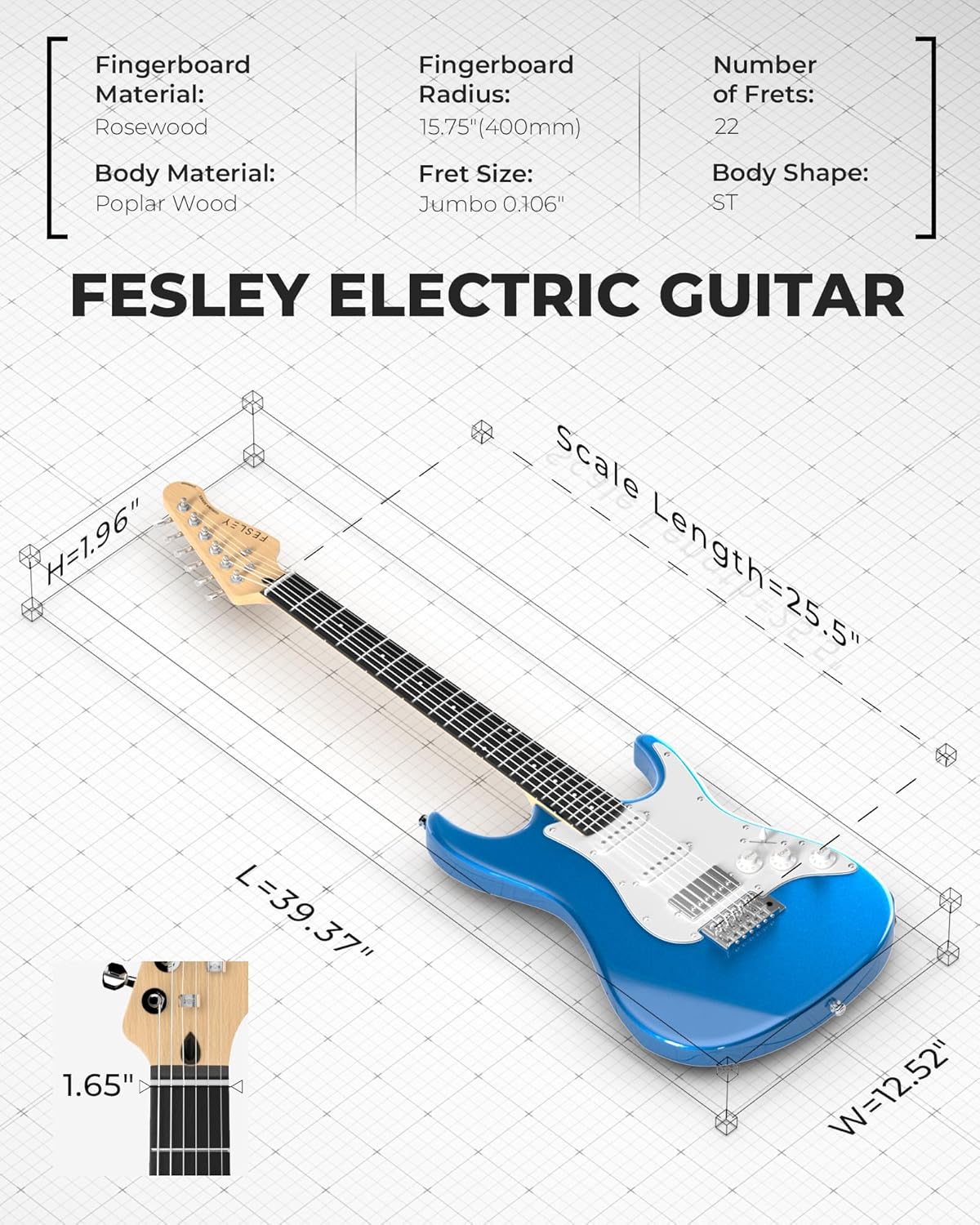 Fesley 39 Inch Electric Guitar: Beginner Electric Guitar Kit with HSS Pickup, Full Size Solid Body Guitar Starter Set with Amplifier, Bag, Strap, String, Cable, Picks, FST100, Blue