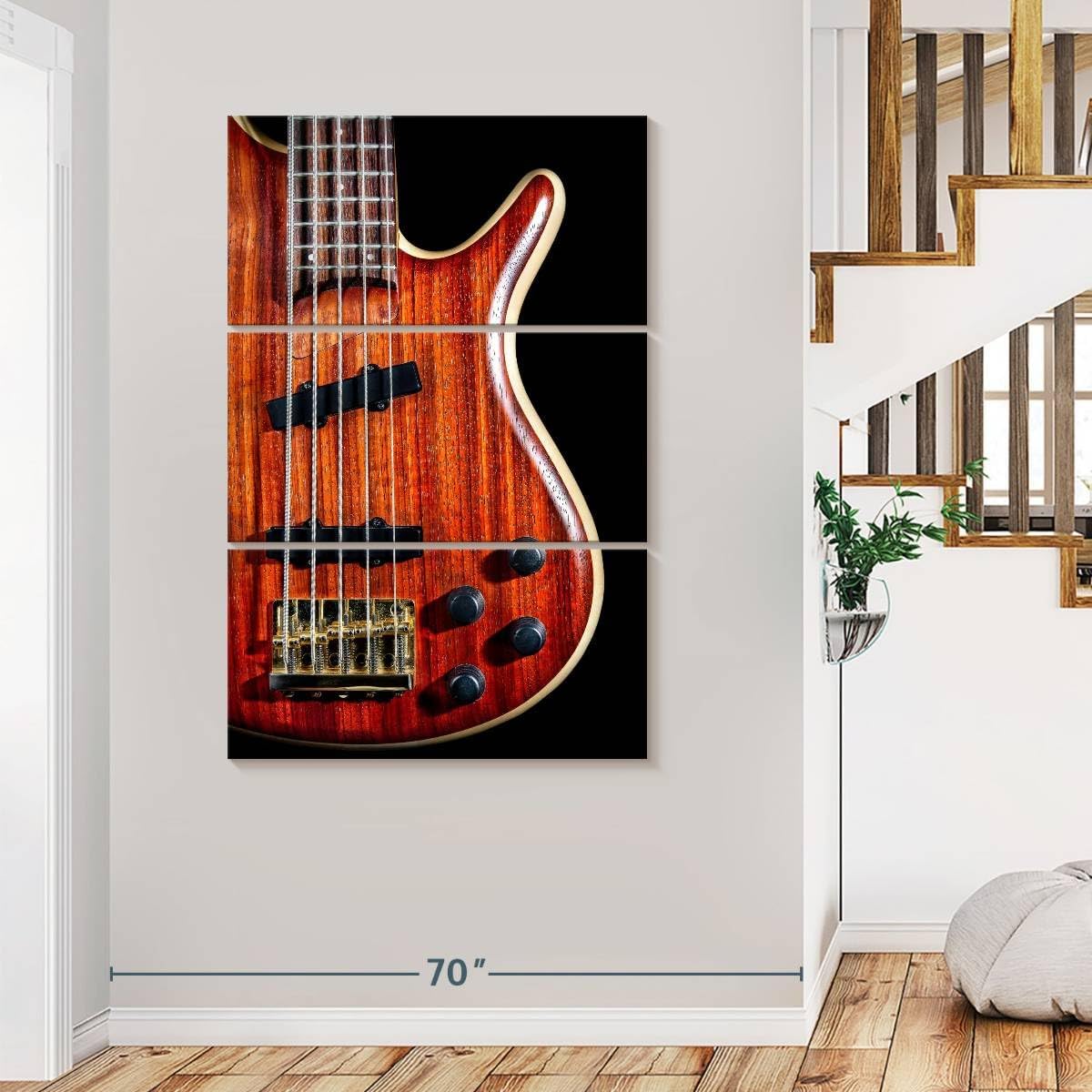ElephantStock - Wooden Bass Guitar Wall Art - Vertical Multi Panel Canvas - 3 Piece Living Room Wall Decor - Photography Music Multi Piece Wall Art - Red And Black Decor - 48