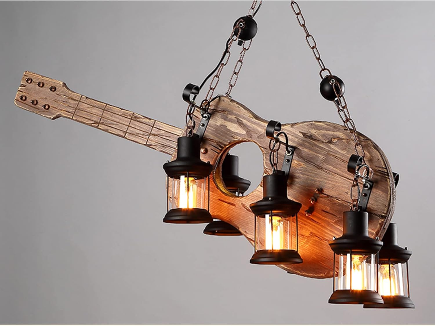 Guitar Wood Droplight,6 Lights Bass Industrial Retro Chaner, Children's Lamp with Spotlight Ceiling Lighting,for Home Office Bedroom Coffee Shop