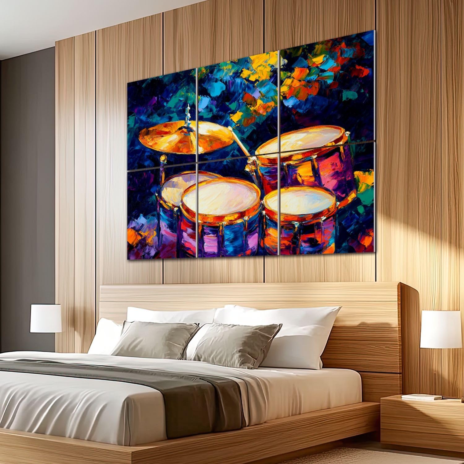 6 Pack Art Acoustic Panels Sound Absorbing Music Drum Set Abstract Cymbals Background Colorful Musical Instrument Decorative Soundproof Wall Panels Self Adhesive for Recording Studios Office 72