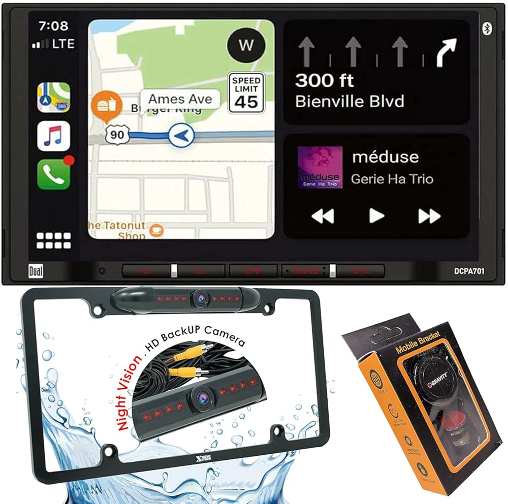 Dual Electronics DCPA701 7-Inch Single-DIN in-Dash Digital Media Receiver with Bluetooth, Android Auto and Wired Mirror Phone to The Unit with Gravity Magnet Phone Holder and Camera PK2 Bundle