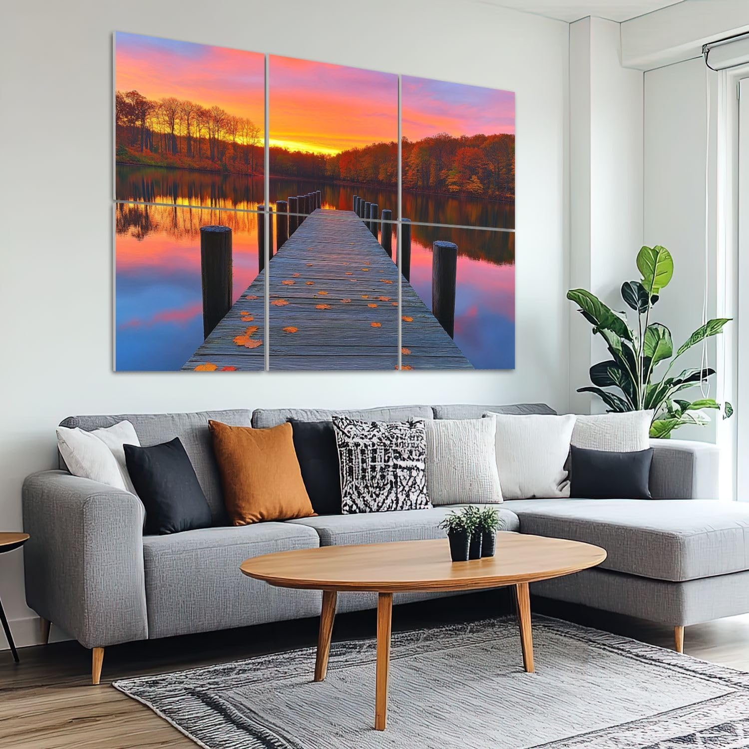 6 Pack Art Acoustic Panels Sound Absorbing Autumn Wooden Pier Leaves Calm Lake Sunset Forest Watercolor Realistic Decorative Soundproof Wall Panels Self Adhesive for Recording Studios Office 72