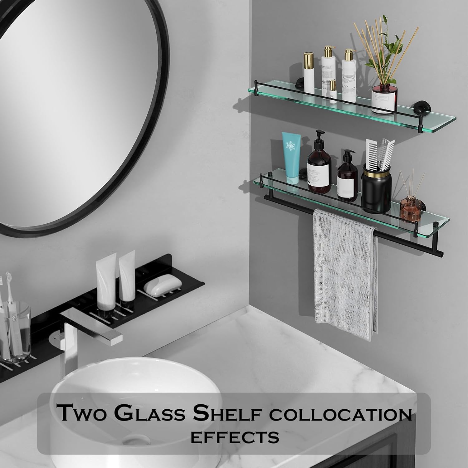 Bathroom Shelf Glass Shelf 2 Pack,24-Inches Floating Glass Shelves Towel Bar/Track(Matte Black)