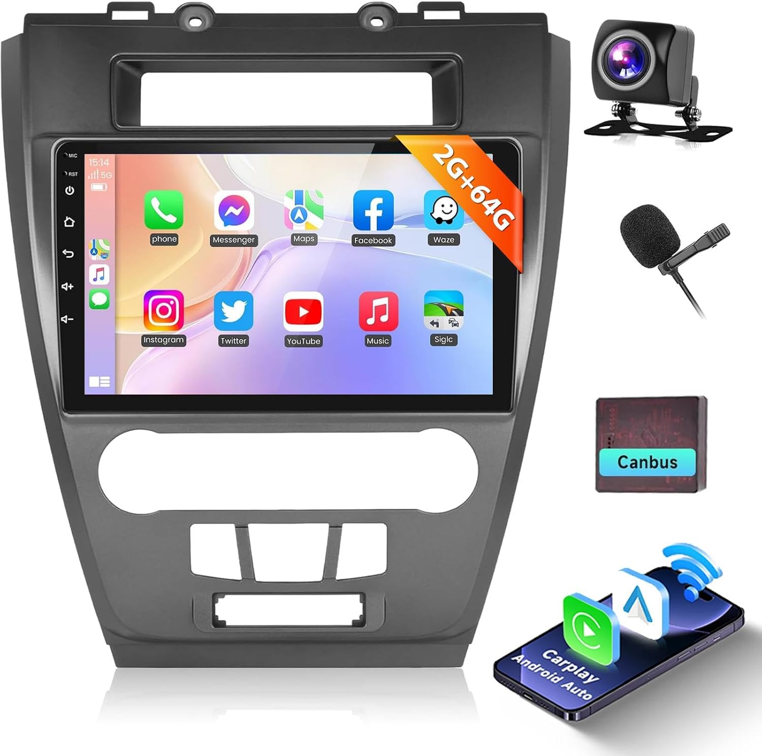 Podofo 2G+64G for 2009-2012 Ford Fusion Mondeo Mustang Android Car Stereo Radio with Wireless Carplay Android Auto 10.1 inch HD IPS Touchscreen Bluetooth WiFi HiFi/16 EQ FM/RDS SWC Backup Camera