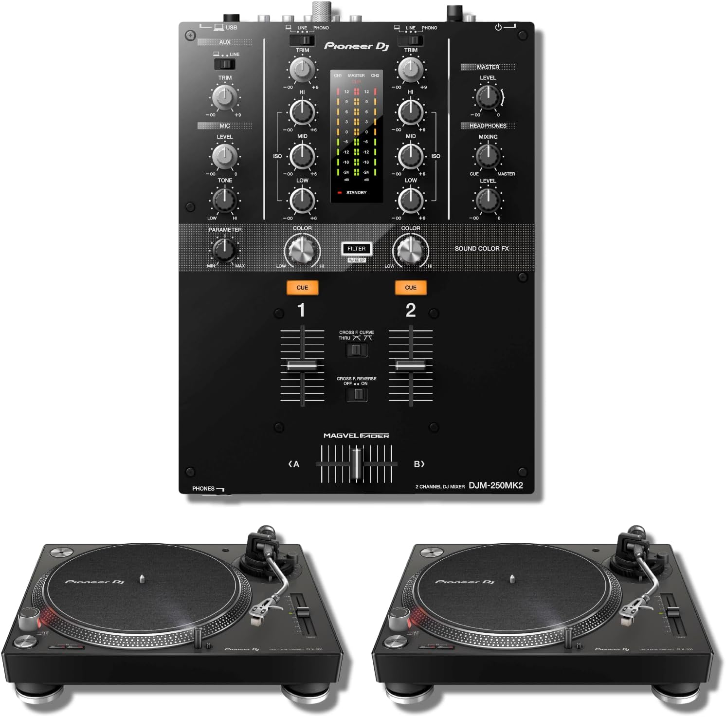 Pioneer DJM-250MK2 2-channel DJ Mixer with Pioneer PLX-500 Direct Drive Turntables (Pair)