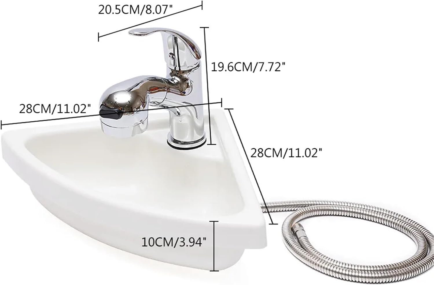 Wall Mount Corner Bathroom Sink, RV Corner Sink Acrylic Triangle Wall-Mounted Bathroom Basin with Faucet & Hose for Camper Van Boat Caravan, White