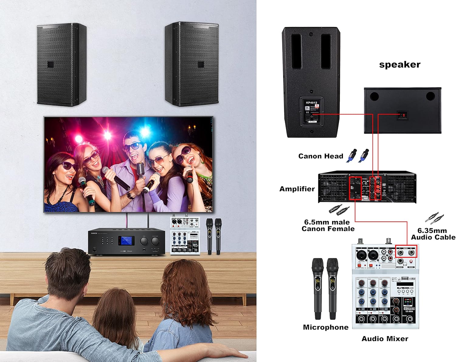 Professional Audio Mixer with Dual Wireless Microphone system set, 4-Channel Mixer, for karaoke, Singing, Amplifier, DJ Mixer, podcast interface, live, MP3, USB sound mixing console (GD Guarda US-88M)