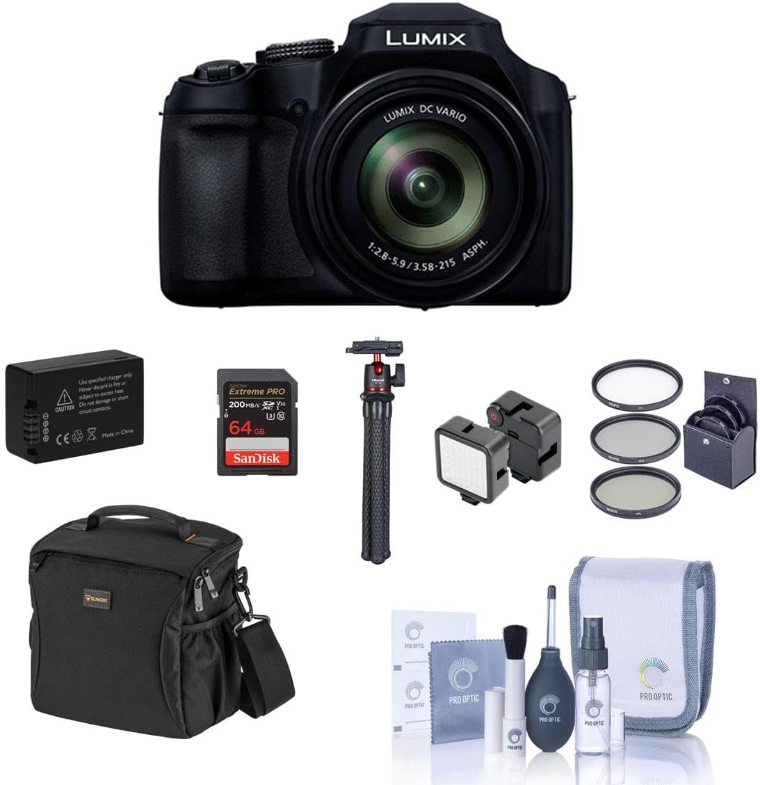 Panasonic LUMIX FZ80D Point & Shoot Digital Camera, Bundle with 64GB SD Card, Bag, Extra Battery, Flexible Tripod, Mini LED Light, Filter Kit, Cleaning Kit