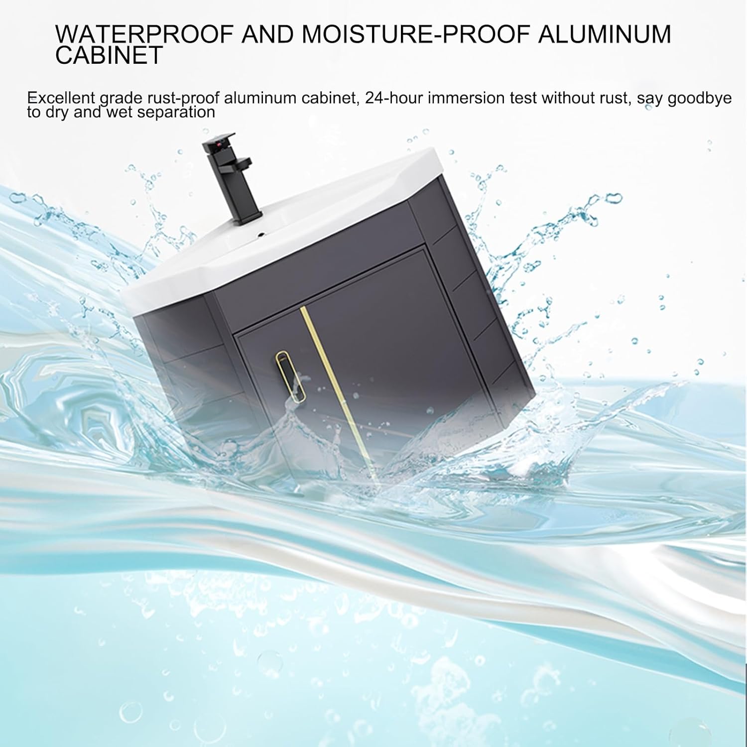 Bathroom Vanity Cabinet,Small Wall Mount Corner Sink,Bathroom Vanity w/Rock Board Top,Bathroom Ceramic Triangle Wall Mounted Mini Vanity Space Sink with Soft-Close System and Black Faucet(Gray)