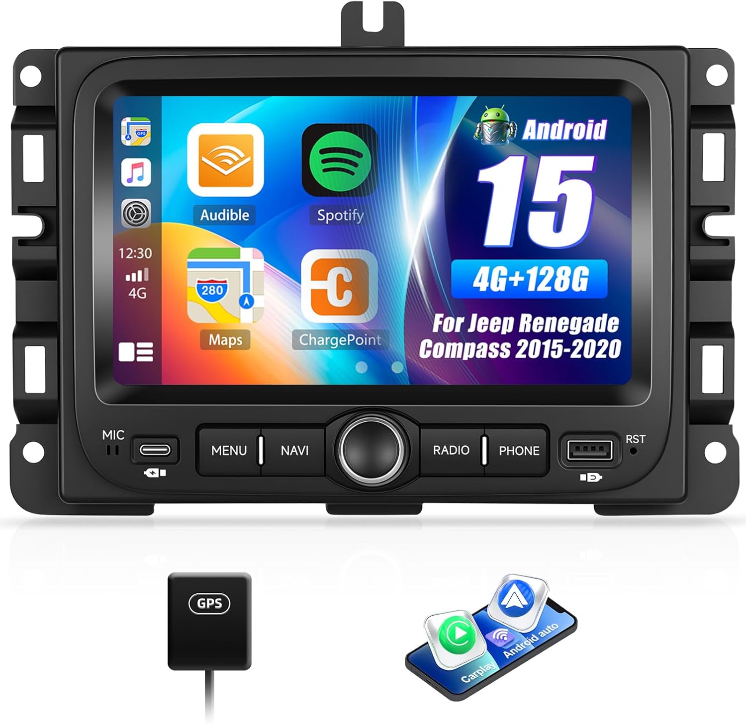 4G+128G Car Radio for Jeep Renegade Compass 2015-2020 with Wireless Carplay Android Auto, 7 inch HD Touch Screen Car Stereo with Bluetooth GPS Navigation WiFi FM RDS SWC