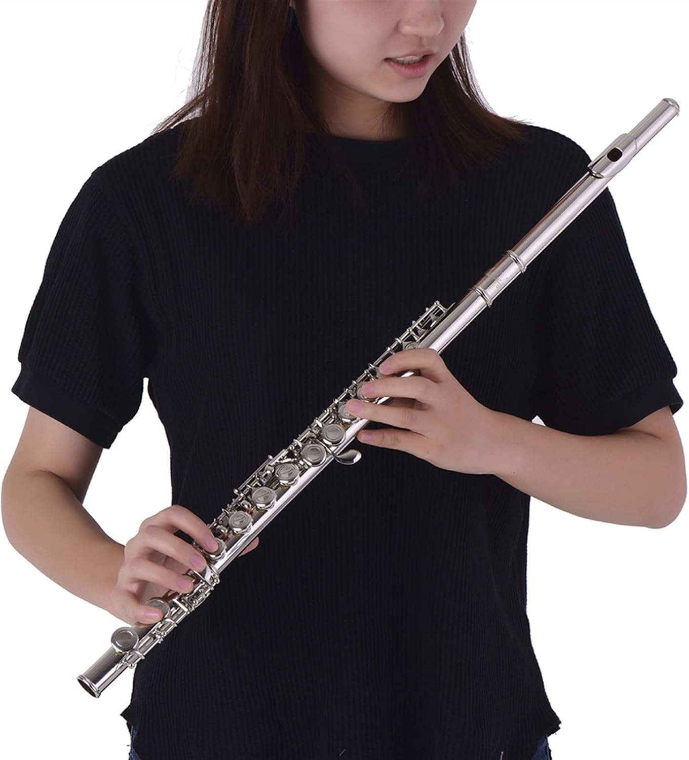 Flute Kit 16-Hole Concert Flute C Key Cupronickel Material Silver Plated Wind Instrument with Cleaning Cloth Padded Carry Case Intermediate Flute