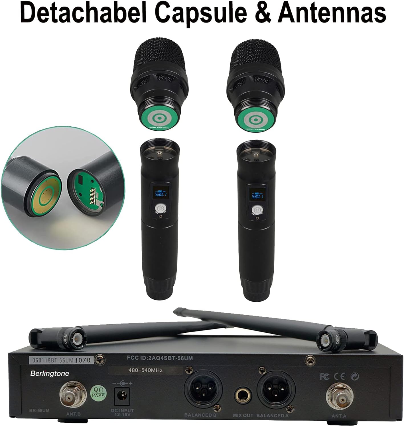 -Berlingtone Wireless Microphone System, 2 Handheld Dynamic Microphones,120- Adjustable Frequency Channel, Metal case & mic, for Karaoke, Meeting, Party, Church, DJ, Wedding, up 260ft Range (BR-58UM)