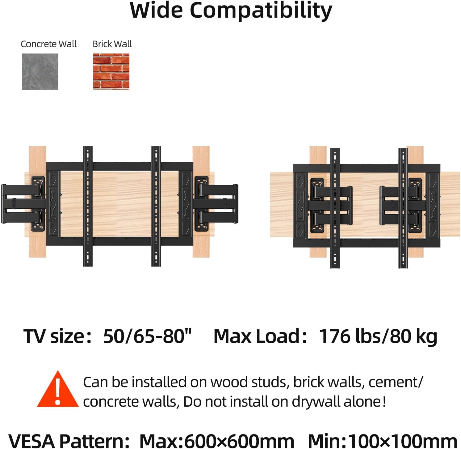 Corner Full Motion TV Wall Mount for 50-80 Inch TVs,Heavy Duty 176lbs Steel,Ultra Slim Dual Articulating Arms,Smooth Tilt Swivel Extension,U-Groove-toInstall,Max VESA 600x600mm,XL-DY694