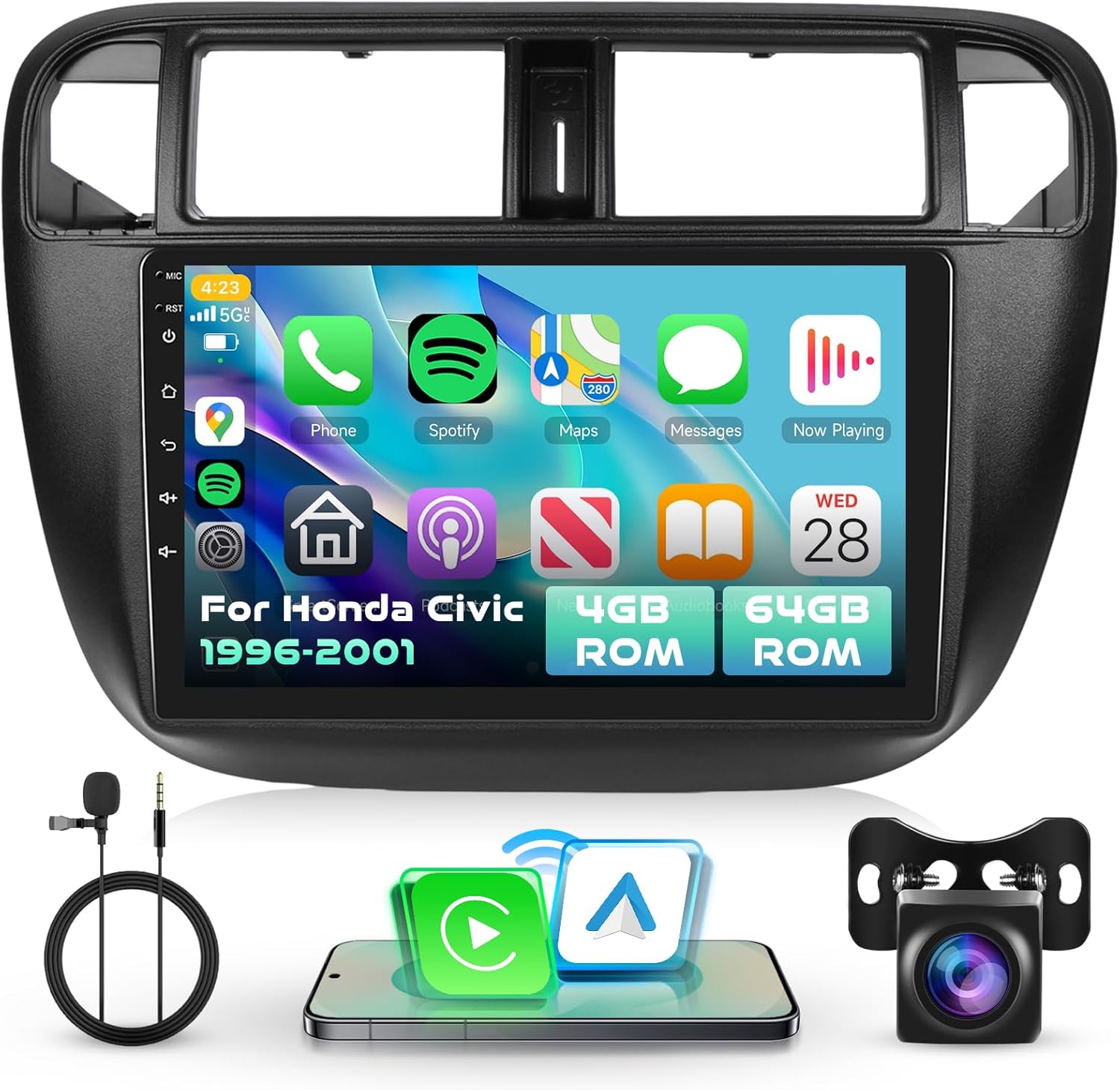 4G+64G Car Radio Stereo for Honda Civic 1996-2001 with Wireless CarPlay/Android Auto 9 Inch 1280 * 720P IPS Touch Screen Android 13 GPS WiFi Bluetooth DSP SWC HD Backup Camera