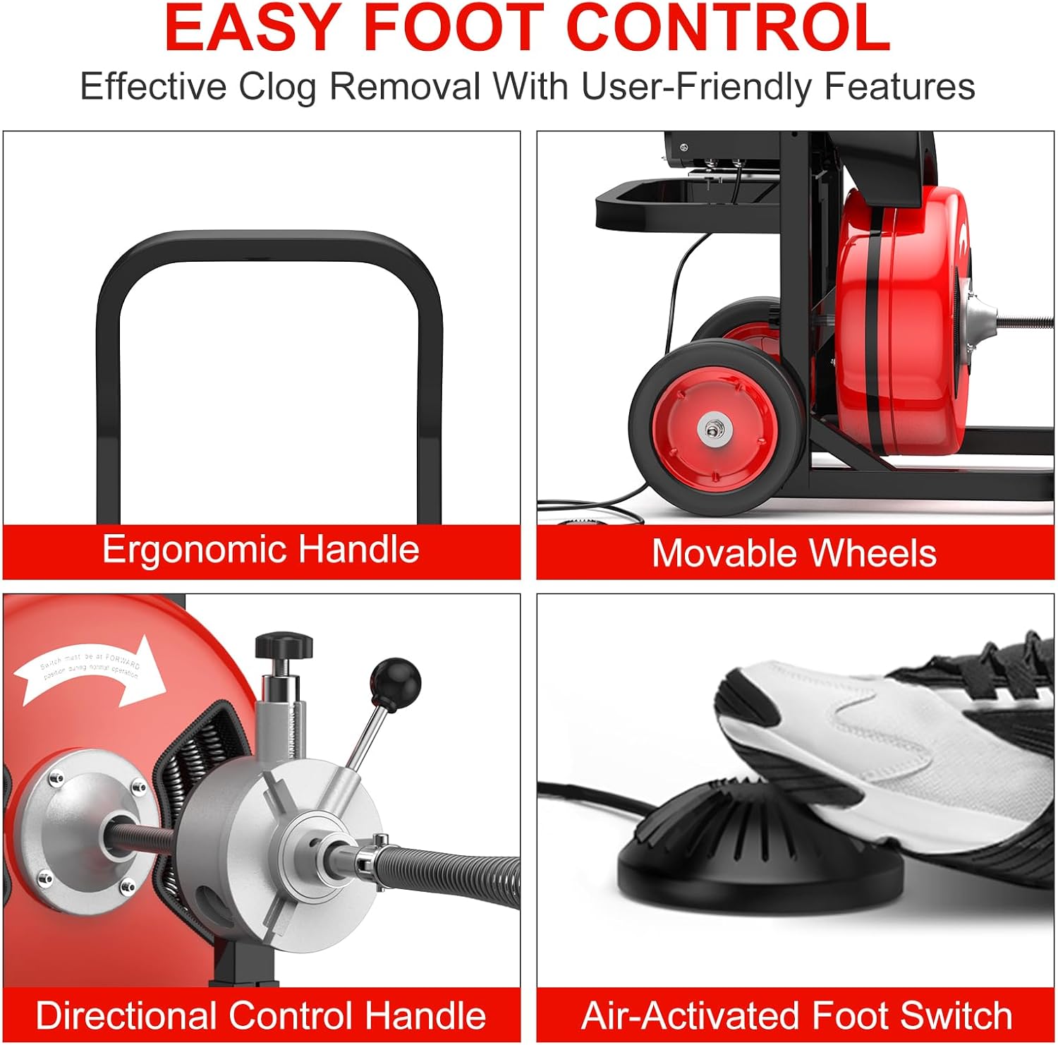 Drain Cleaner Machine,Drain Auger 100ft x 1/2 Inch Drain Cleaning Machine,450W Drain Snake with 4 Cutters & Air-activated Foot Switch for 2