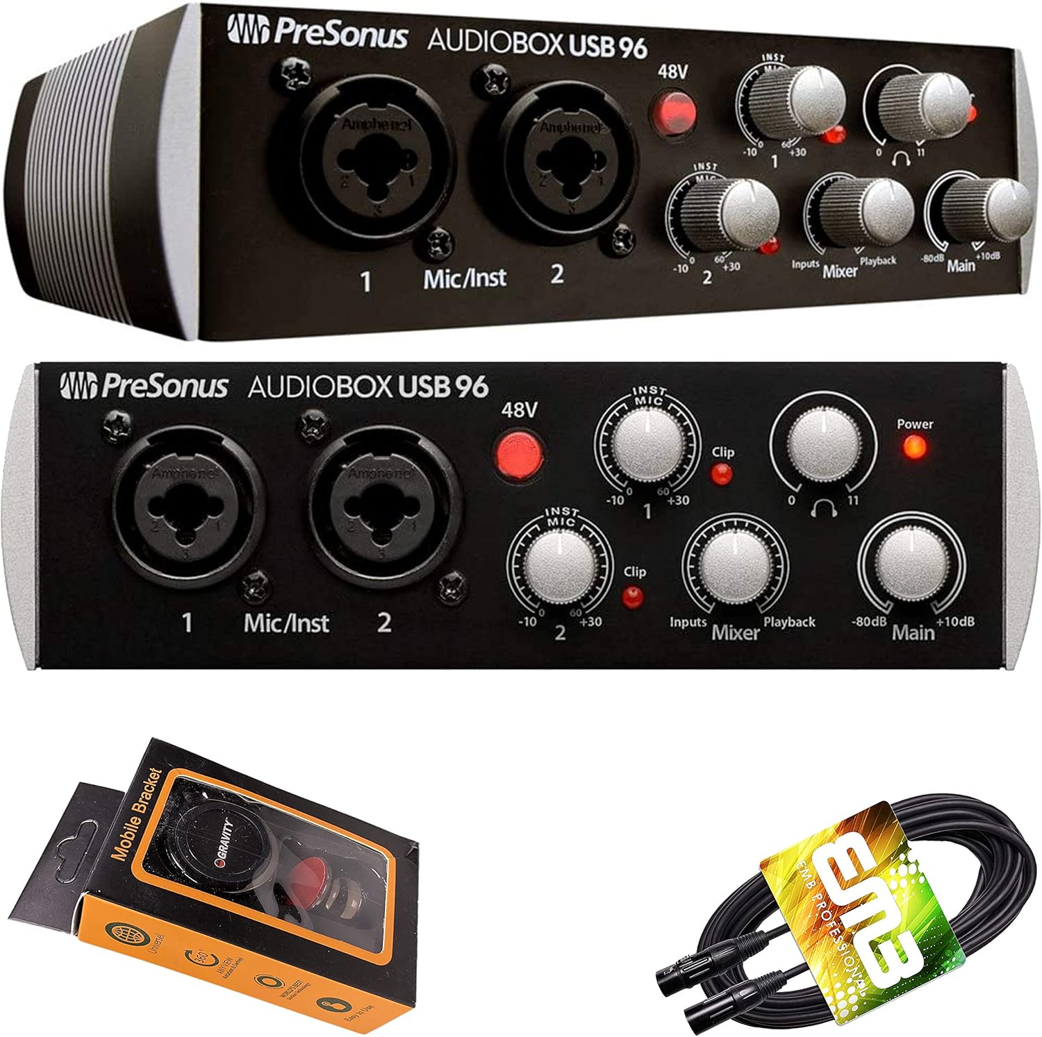 PreSonus AudioBox USB 96 Digital Audio Interface (Black) 96 kHz converters with USB Bus-Powered interface's Two Class A MIC/LINE/Instruments Preamps with Gravity Phone Holder and XLR Cable Bundle