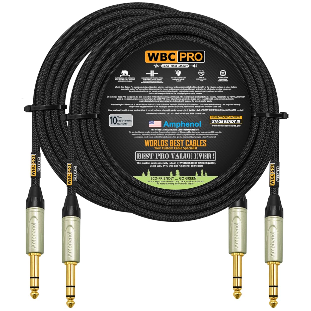 2 Units - 100 Foot - WBC-PRO-Quad Ultra-Silent Ultra-Flexible Balanced Star-Quad Cable with Amphenol QS3P-AU ¼ Inch (6.35mm) Gold Straight TRS Stereo Phone Plugs & Black Tweed Jacket