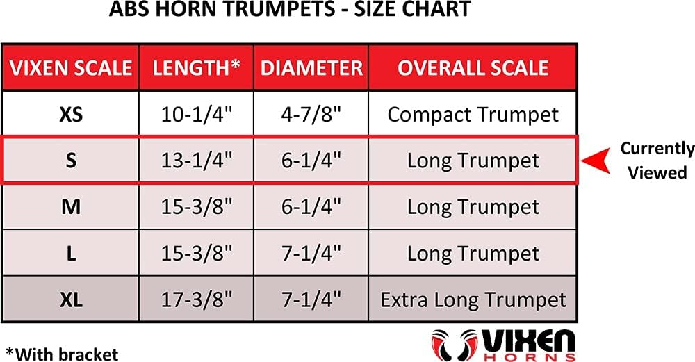 Vixen Horns Train Horn Trumpet for Truck/Car. Long Trumpet Horn Super Loud dB. Black Single Trumpet (Size S). Heavy Duty ABS Air Horn. Fits Vehicles Like Semi/Pickup/Jeep/RV/SUV VXH1903XB