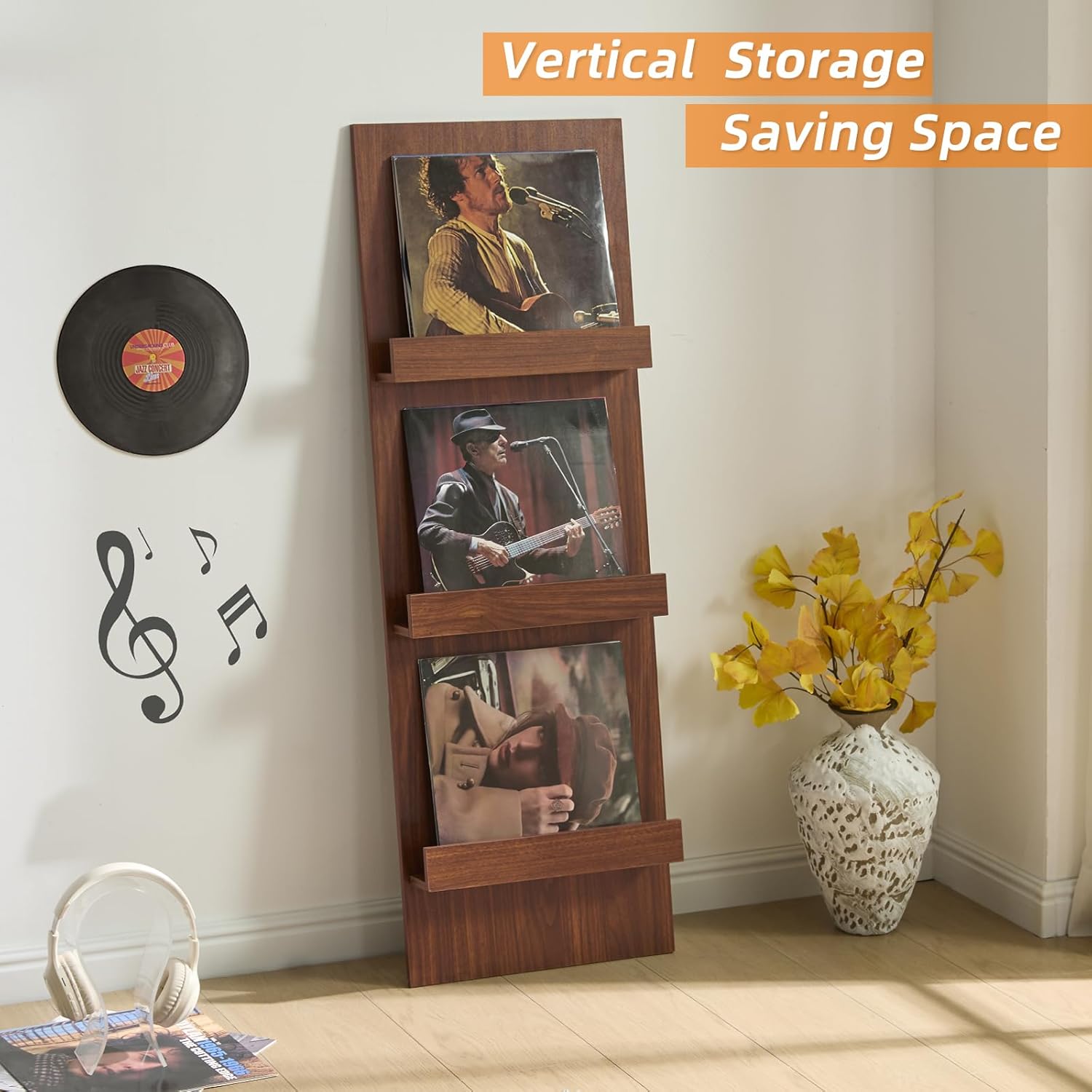 LELELINKY Wall Mount Vinyl Record Holder Set of 2 with 3 Tier Display Area, 47.5'' Tall Record Storage Magazine Holder, Book Shelf Holder Holds Up to 15 Vinyls Albums/CD for Music Room, Living Room