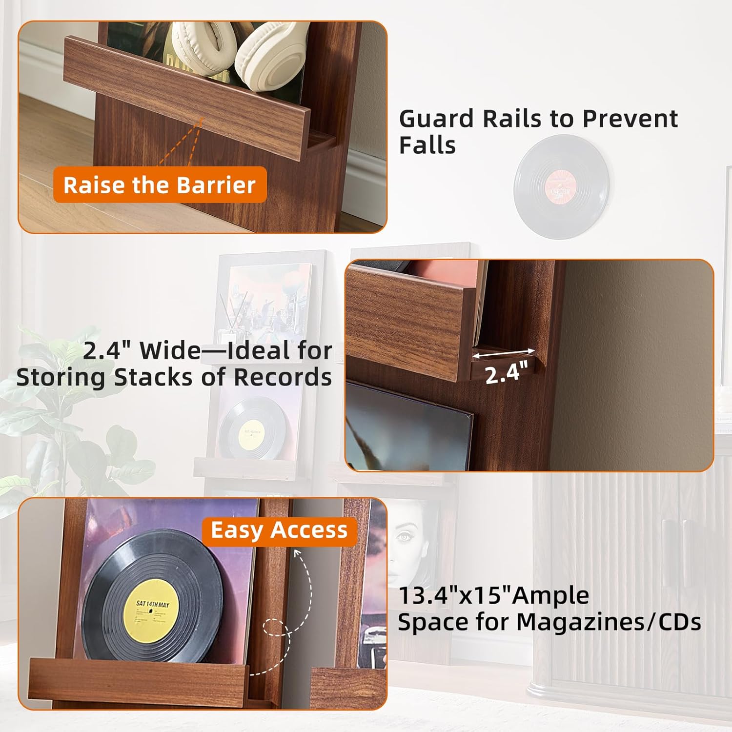 LELELINKY Wall Mount Vinyl Record Holder Set of 2 with 3 Tier Display Area, 47.5'' Tall Record Storage Magazine Holder, Book Shelf Holder Holds Up to 15 Vinyls Albums/CD for Music Room, Living Room