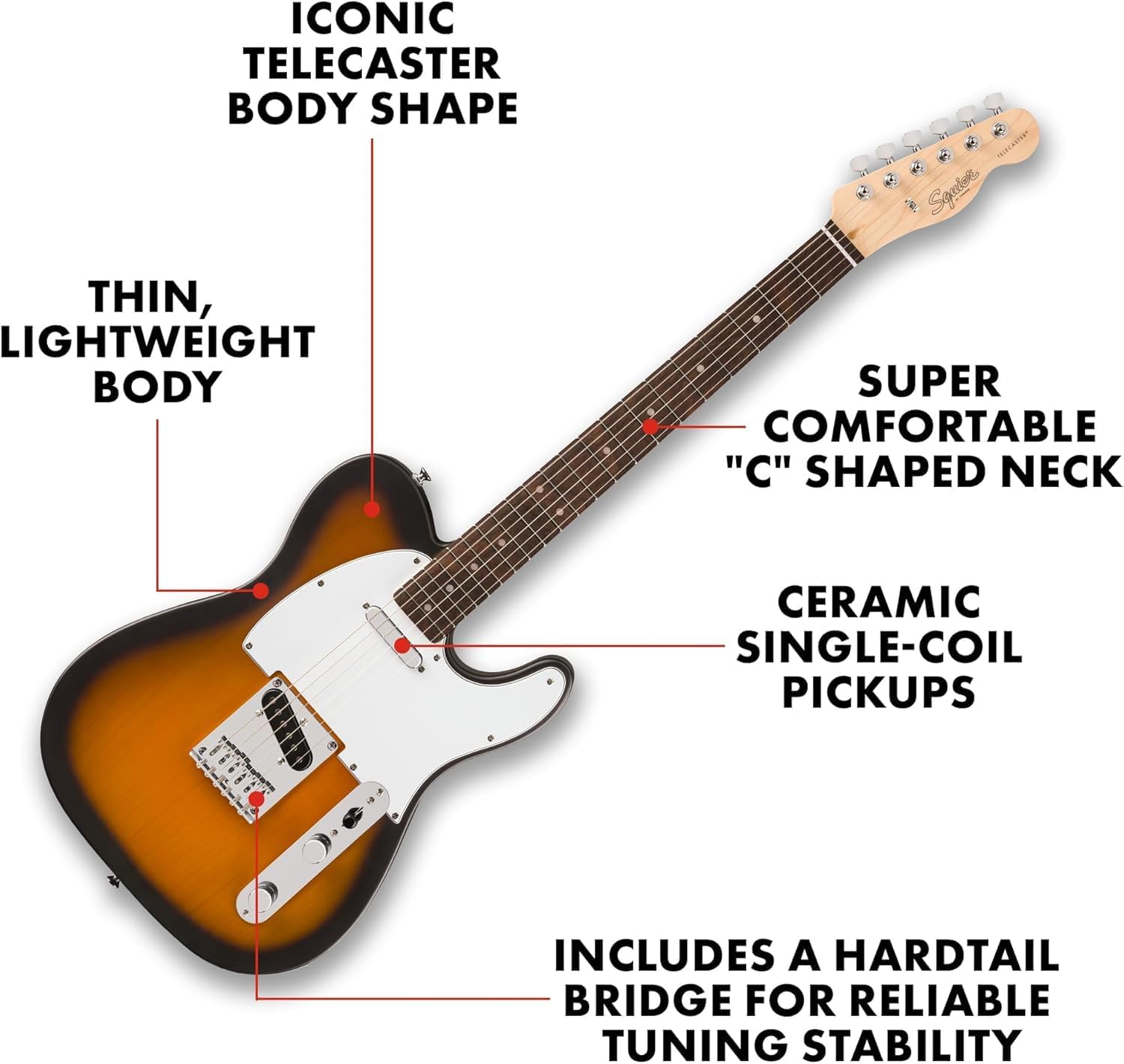 Fender Squier Debut Series Telecaster Electric Guitar, Beginner Guitar, 2-Year Warranty, Includes Free Lessons, 2-Color Sunburst with Satin Urethane Finish