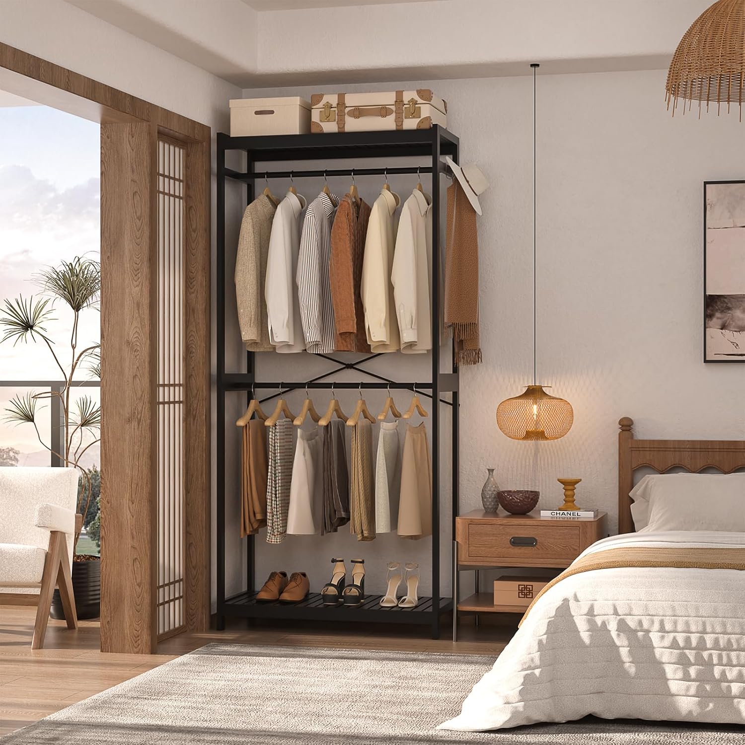 Homykic Bamboo Clothes Rack with Shelves and Double Hang Rods, Portable Closet System Garment Rack for Hanging Clothes, Tall Clothing Rack Corner Closet Organizer, Easy to Built, Freestanding, Black