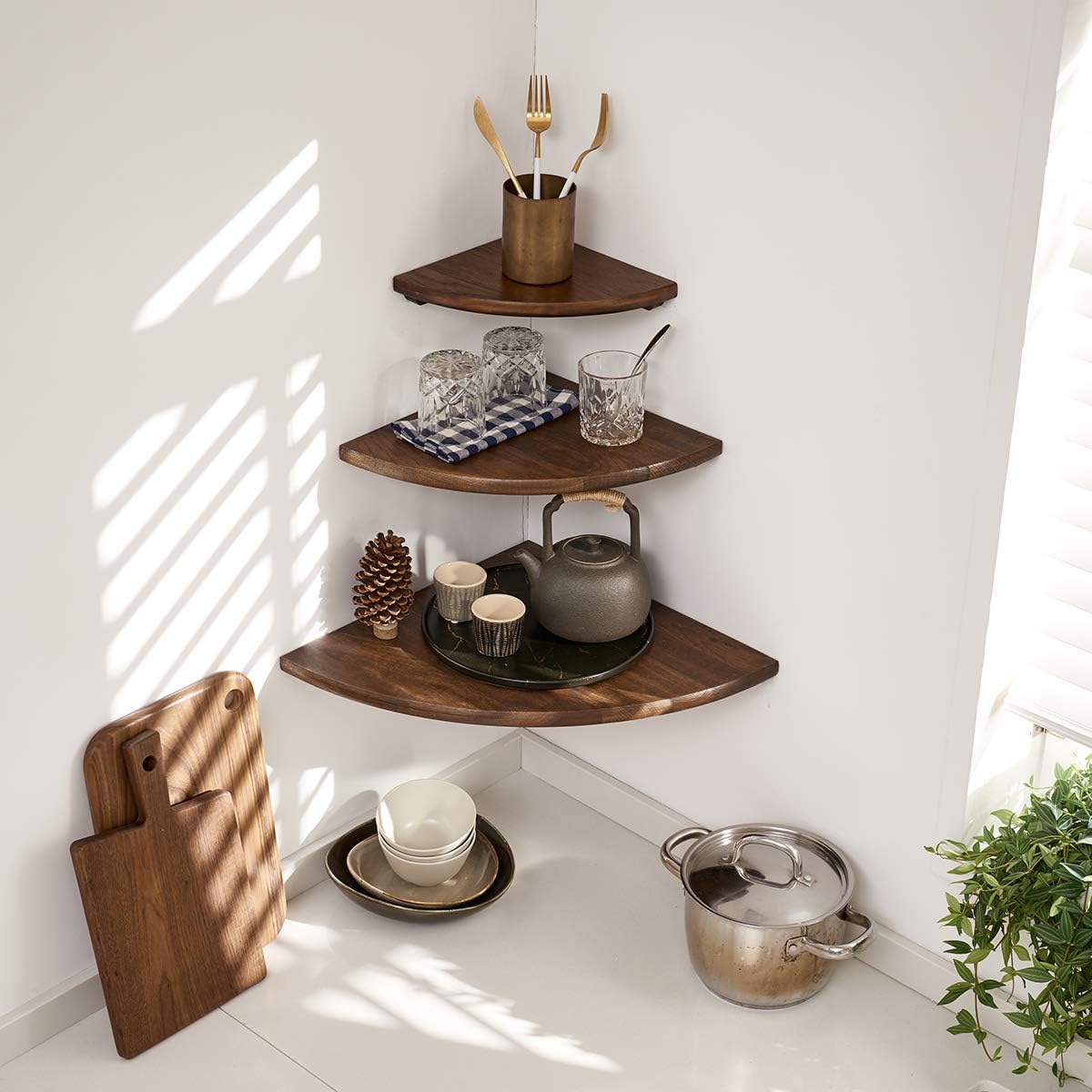 Corner Shelf, 16inch Oak Solid Wood Floating Shelf Display Shelf Round Edging Wall Mount Speaker Shelf Shelving Solution Bedroom Ktichen Bathroom