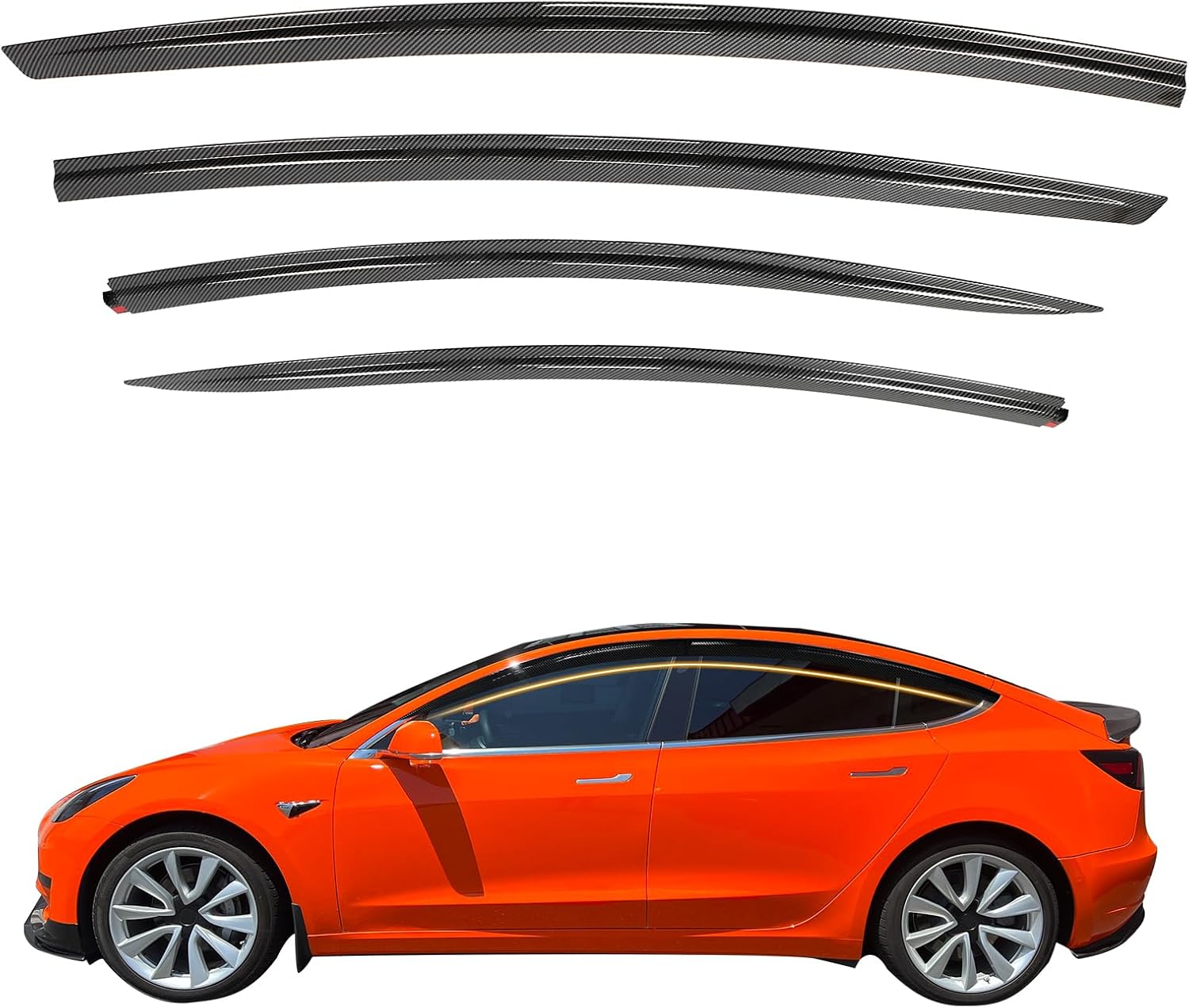 Tape on Window Visor Deflectors, Compatible with 2017-2025 Tesla Model 3 All Models, Gloss Black Carbon Fiber Print ABS Window Rain Guards, Sun Wind Side Vent Visor Set, 4 Pieces