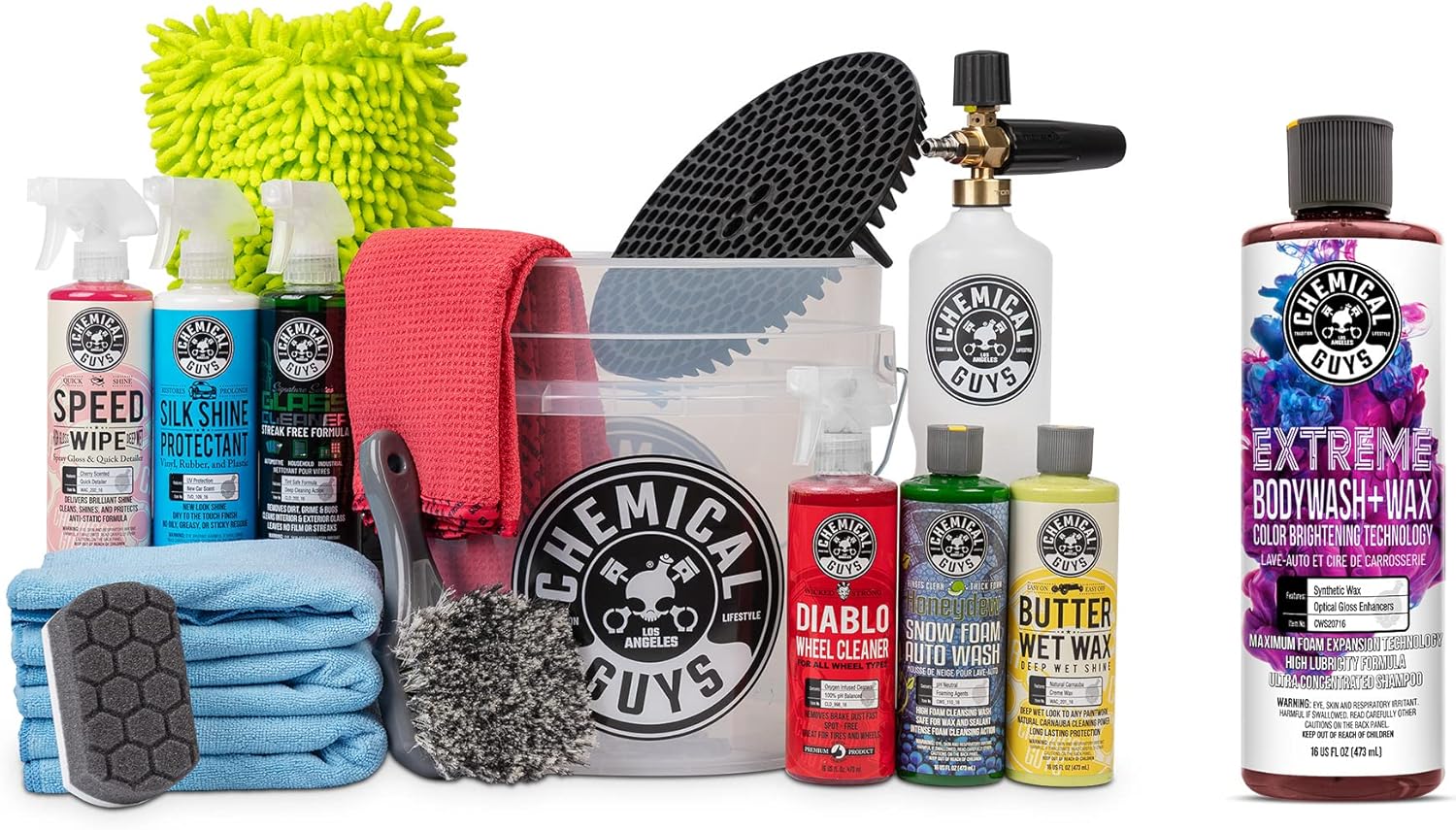 Chemical Guys CWS20716FC 16-Piece Arsenal Builder Carwash Kit, Foam Cannon, Bucket (6) 16 oz Car Care Cleaners (Works w/Pressure Washers) with Extreme Bodywash & Wax Foaming Car Wash Soap, 16 oz