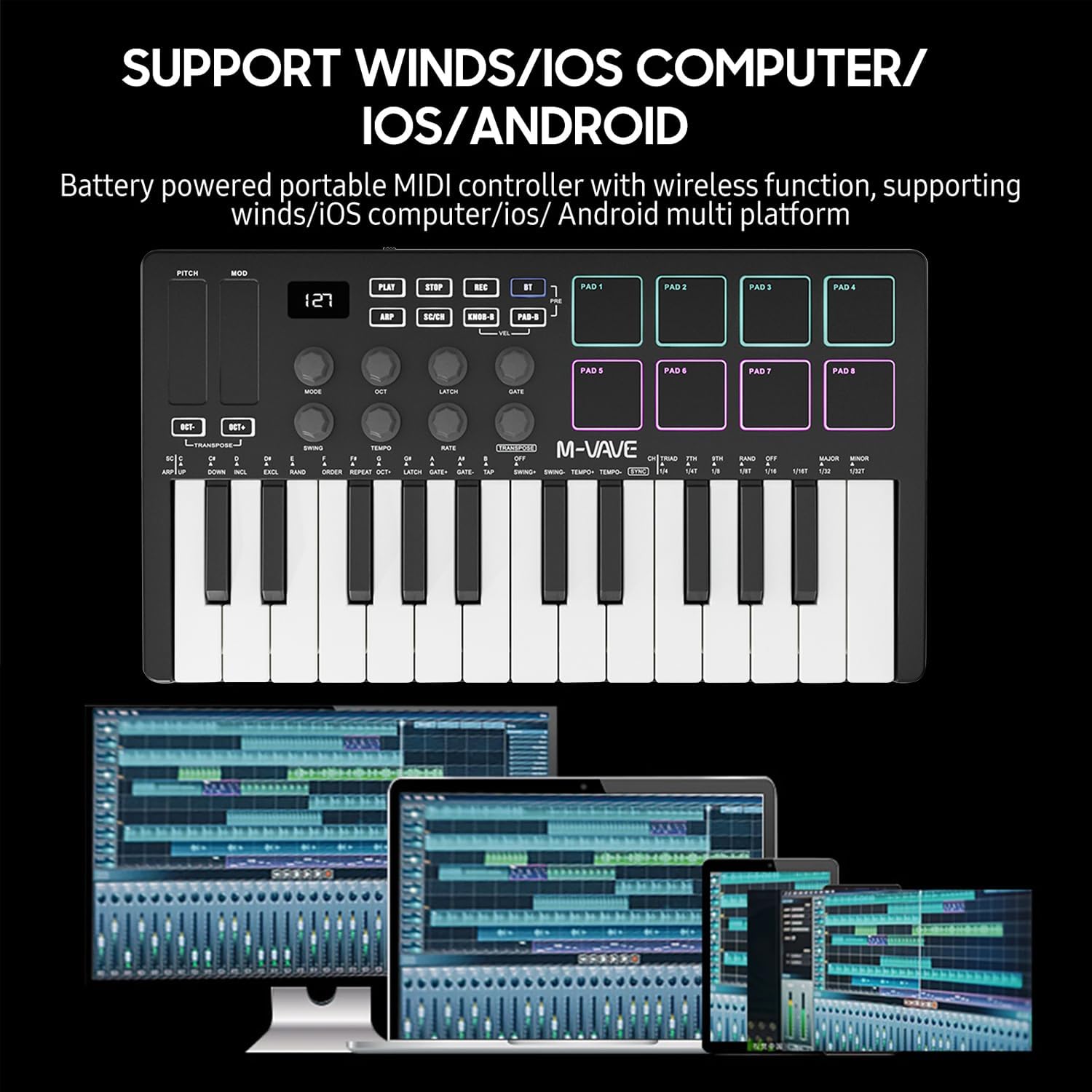 M-VAVE 25 Key USB MIDI Keyboard Controller With 8 Backlit Drum Pads,Piano Keyboard Wireless Semi Weighted Professional Dynamic Keybed 8 Knobs,Software Included