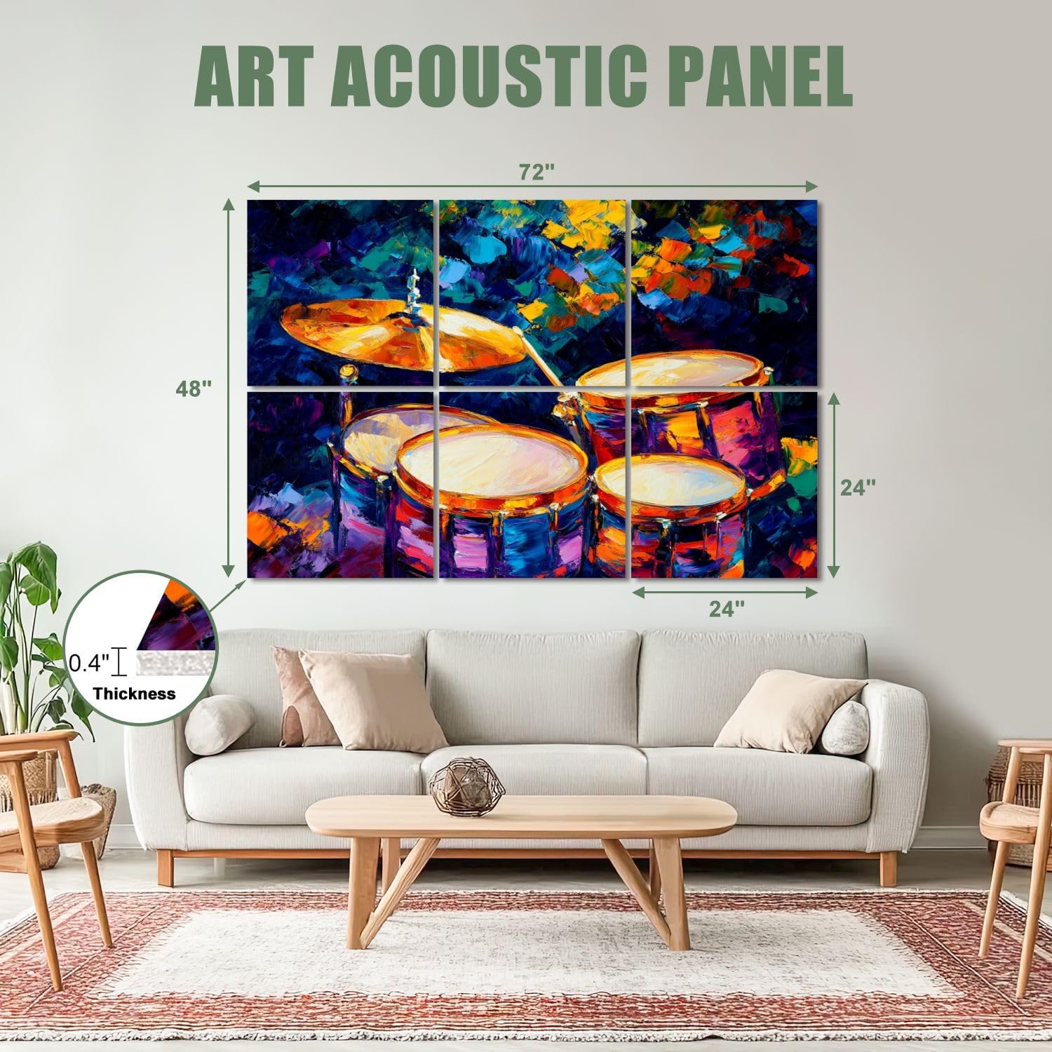 6 Pack Art Acoustic Panels Sound Absorbing Music Drum Set Abstract Cymbals Background Colorful Musical Instrument Decorative Soundproof Wall Panels Self Adhesive for Recording Studios Office 72