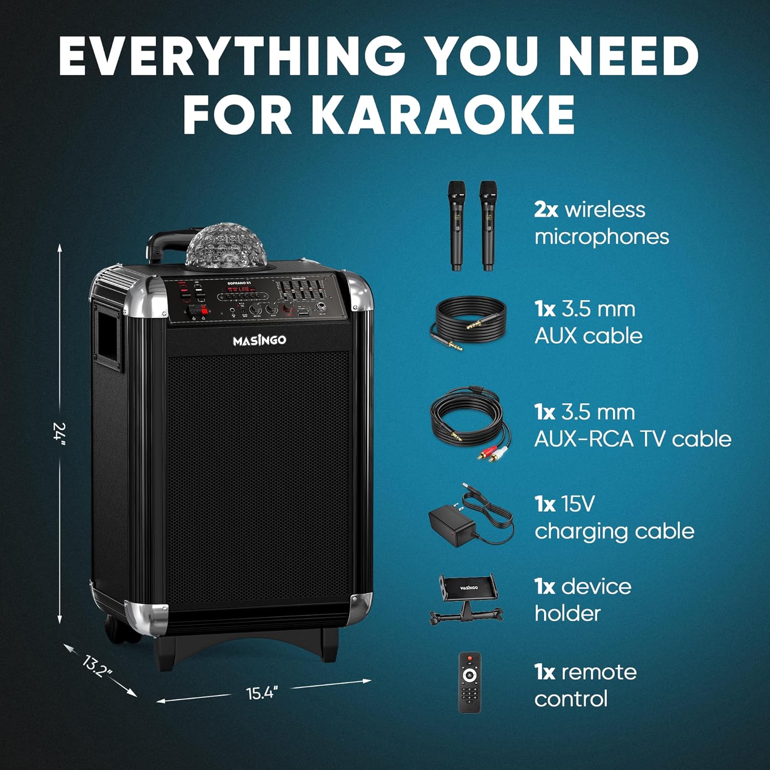 MASINGO Karaoke Machine for Adults and Kids with 2 Bluetooth Wireless Microphones. Portable Singing PA Speaker System with Disco Ball Lights, Lyrics Display Tablet Holder & TV Cable. Soprano X1 2.0