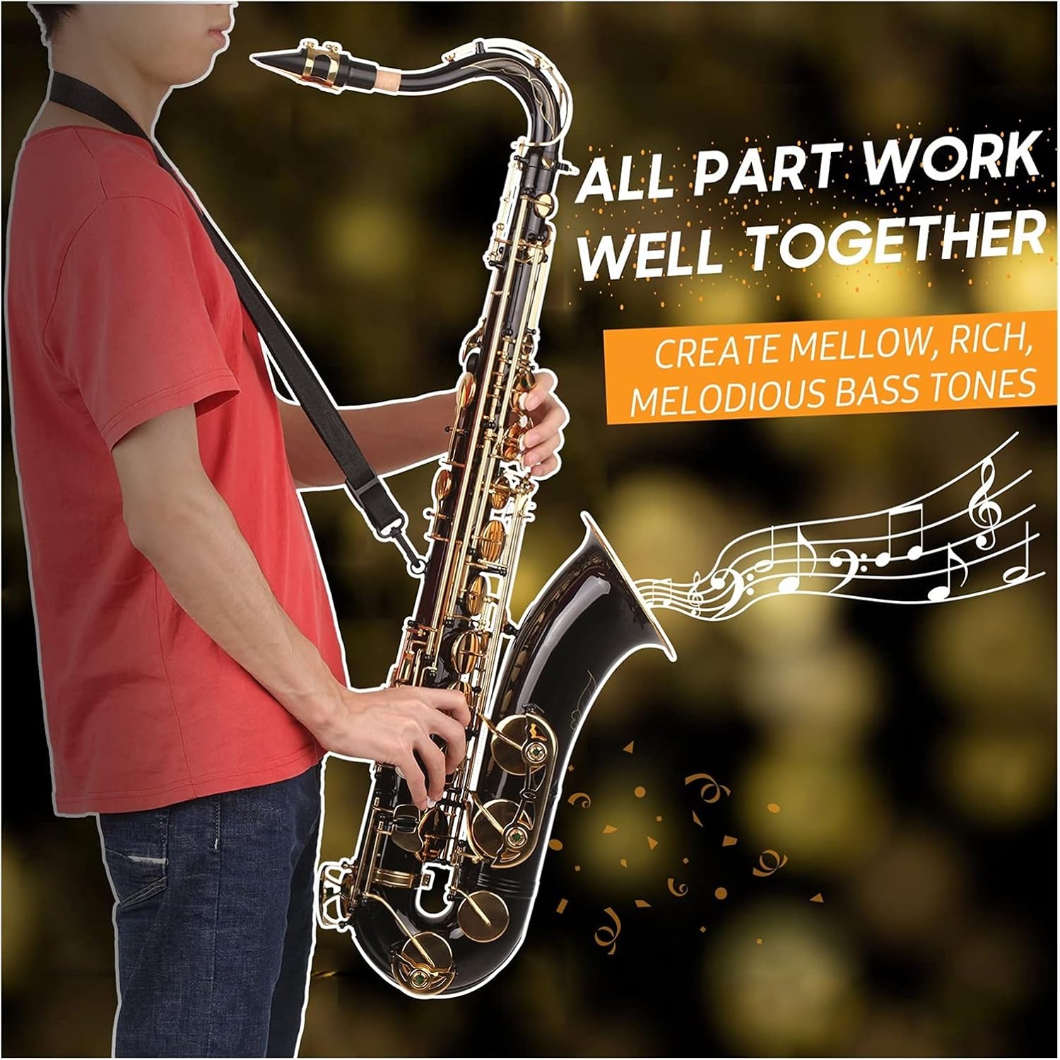 B-Flat Tenor Saxophone Bb Black Lacquer Sax with Instrument Case Mouthpiece Reed Neck Strap Cleaning Cloth Brush Beginner Student Saxophone