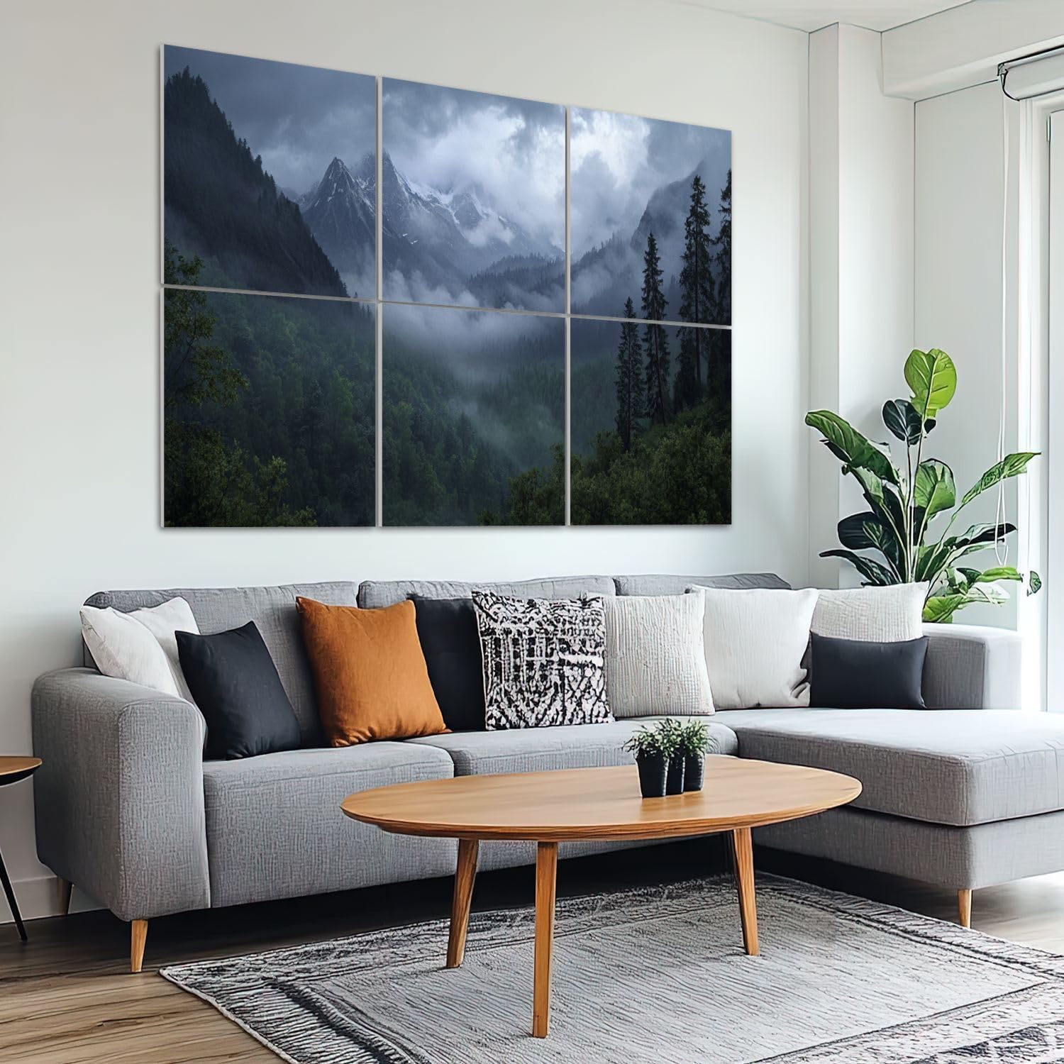 6 Pack Art Acoustic Panels Sound Absorbing Misty Snow Capped Mountains Dense Forest Foggy Atmosphere Tall Pine Decorative Soundproof Wall Panels Self Adhesive for Recording Studios Office 72