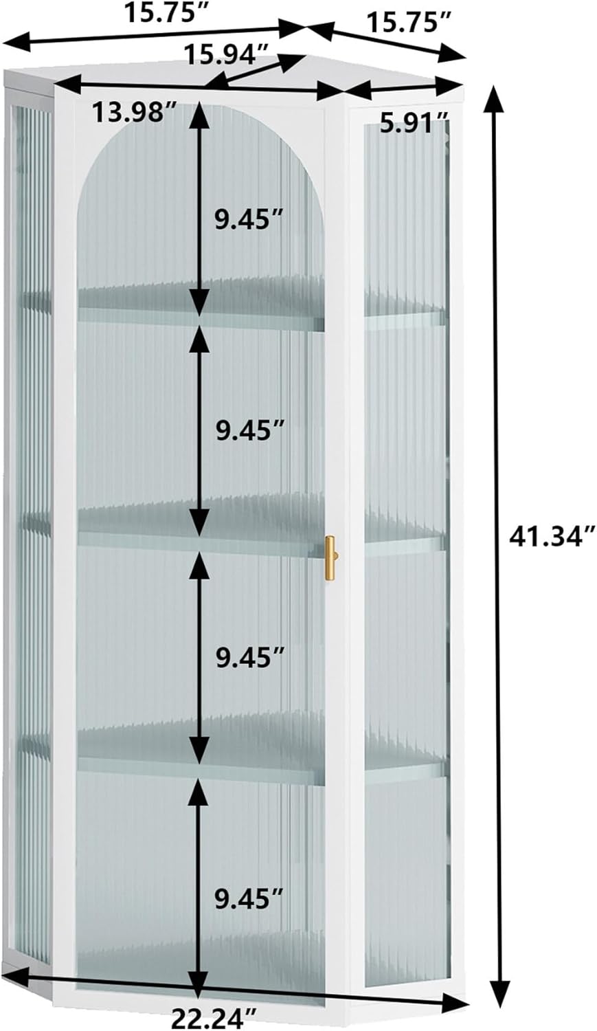 Sleek Iron & Ribbed Glass Corner Cabinet for Wall-Mount | Modern Storage Solution with Four-Tier Shelving for Bathroom, Living Room, Bedroom | Easy to Assemble(White,22.24