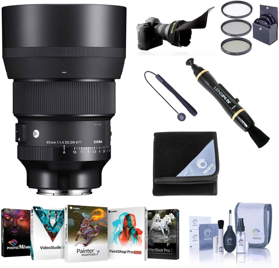 Sigma 85mm f/1.4 DG DN Art Lens for Sony E, Bundle with ProOptic 77mm Filter Kit, PC Software Kit, Cleaning Kit, Lens Wrap, Flex Lens Shade, Lens Cap Tether, Lens Cleaner