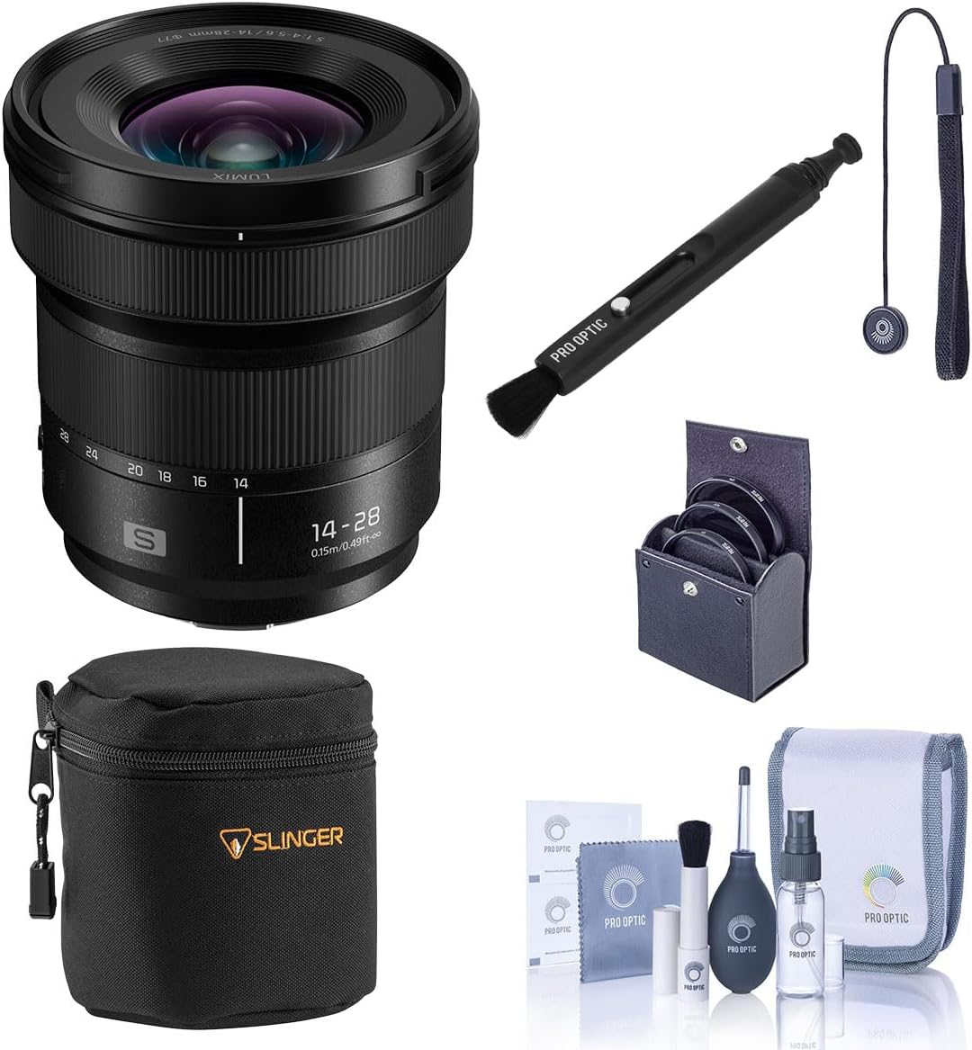 Panasonic LUMIX S 14-28mm f/4-5.6 Macro Lens, Bundle with Small Lens Case, 77mm Filter Kit, Lens Cleaner, Cleaning Kit and Lens Cap Tether