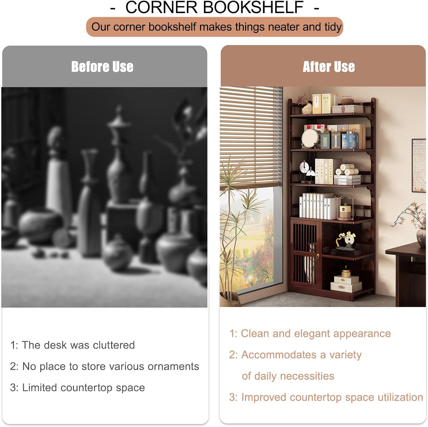 Corner Bookshelf 6 Tier Modern Storage Shelves Tall Bookcase, Corner Bookcase with Doors Book Organizer Hutch for Dorm Office College